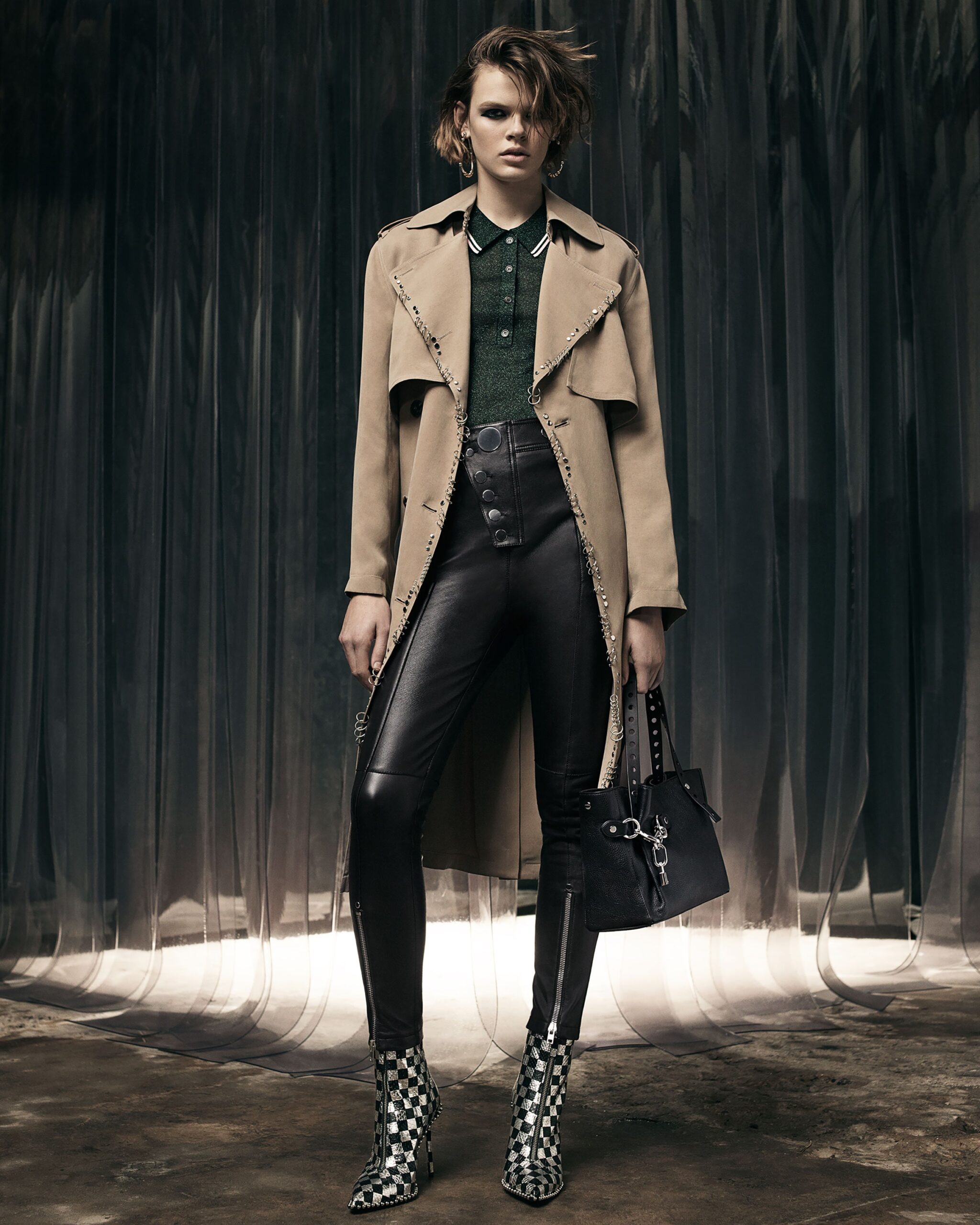 beige trench coat with green shirt