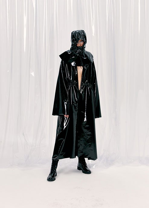 black vinyl hooded coat