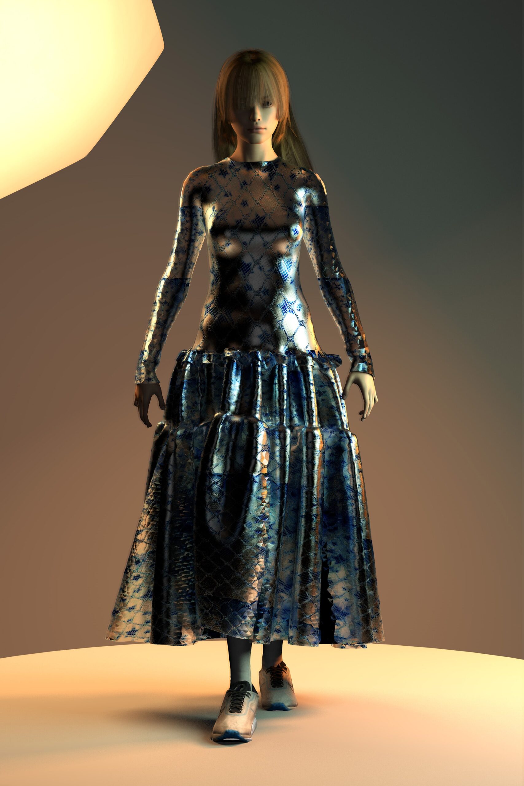 blue and white tiered silk dress
