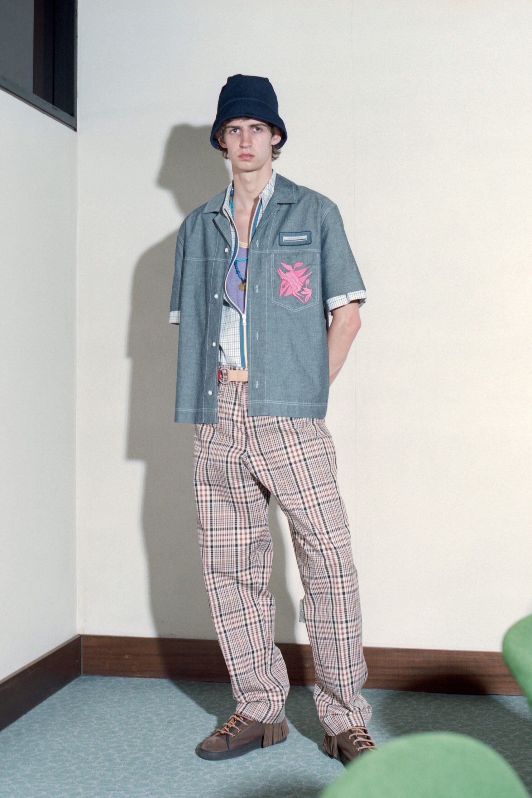 blue cotton shirt with checked pants
