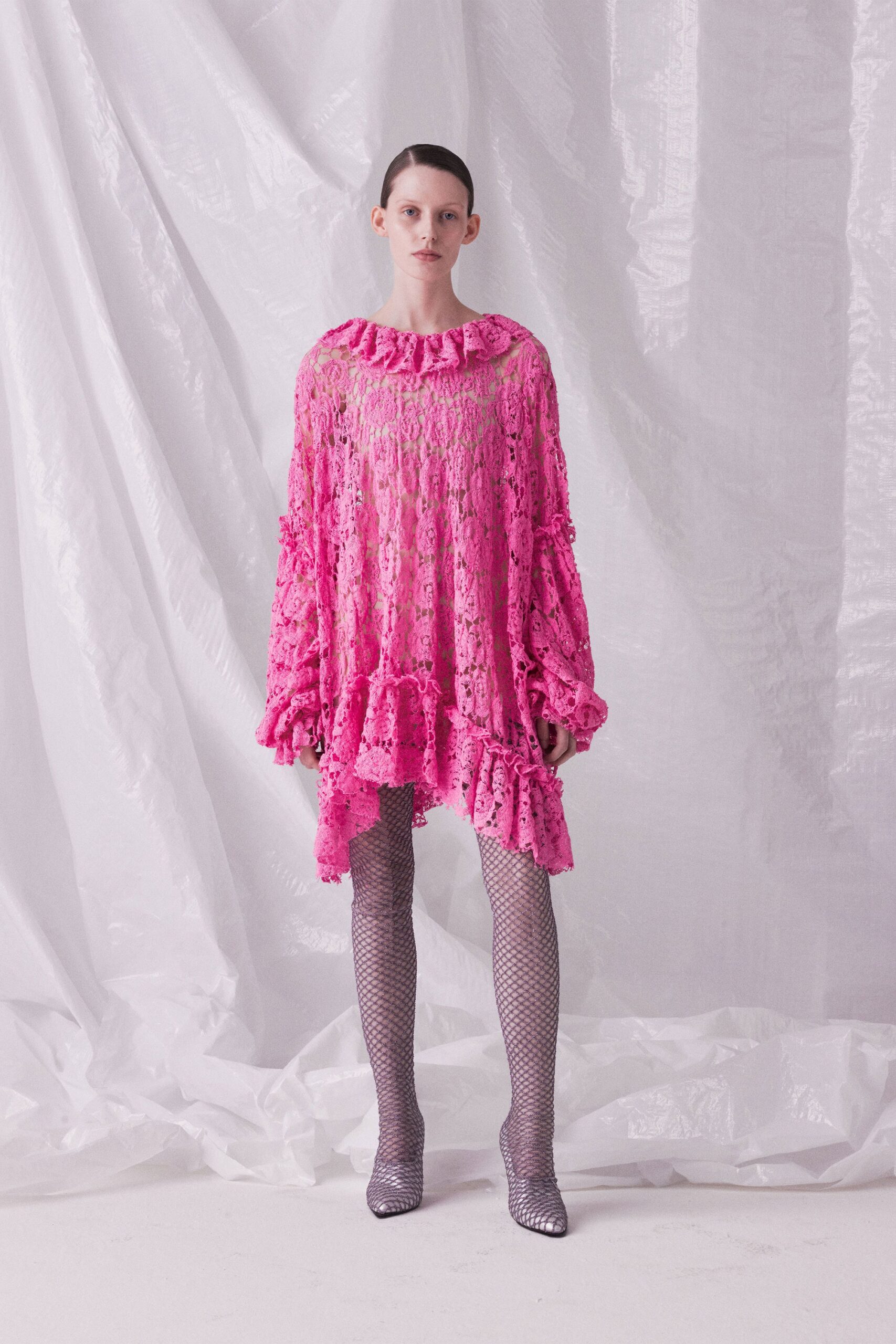 pink lace relaxed dress with metallic shoes