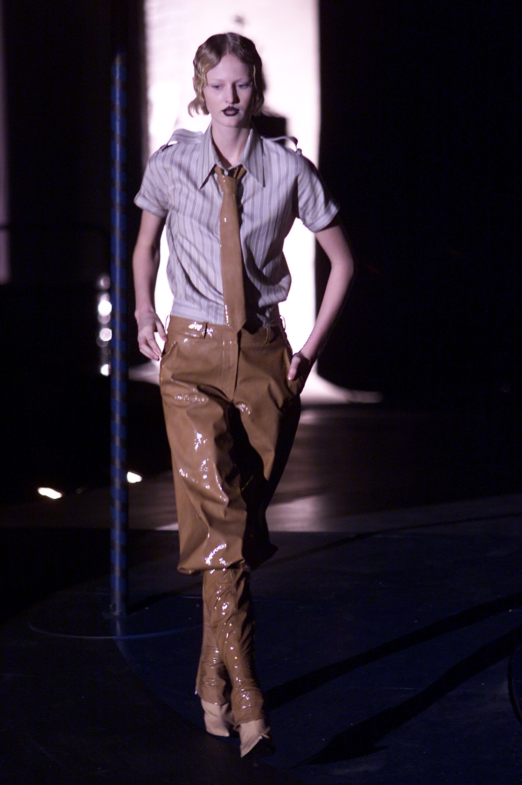brown vinyl fitted straight-leg shiny pants