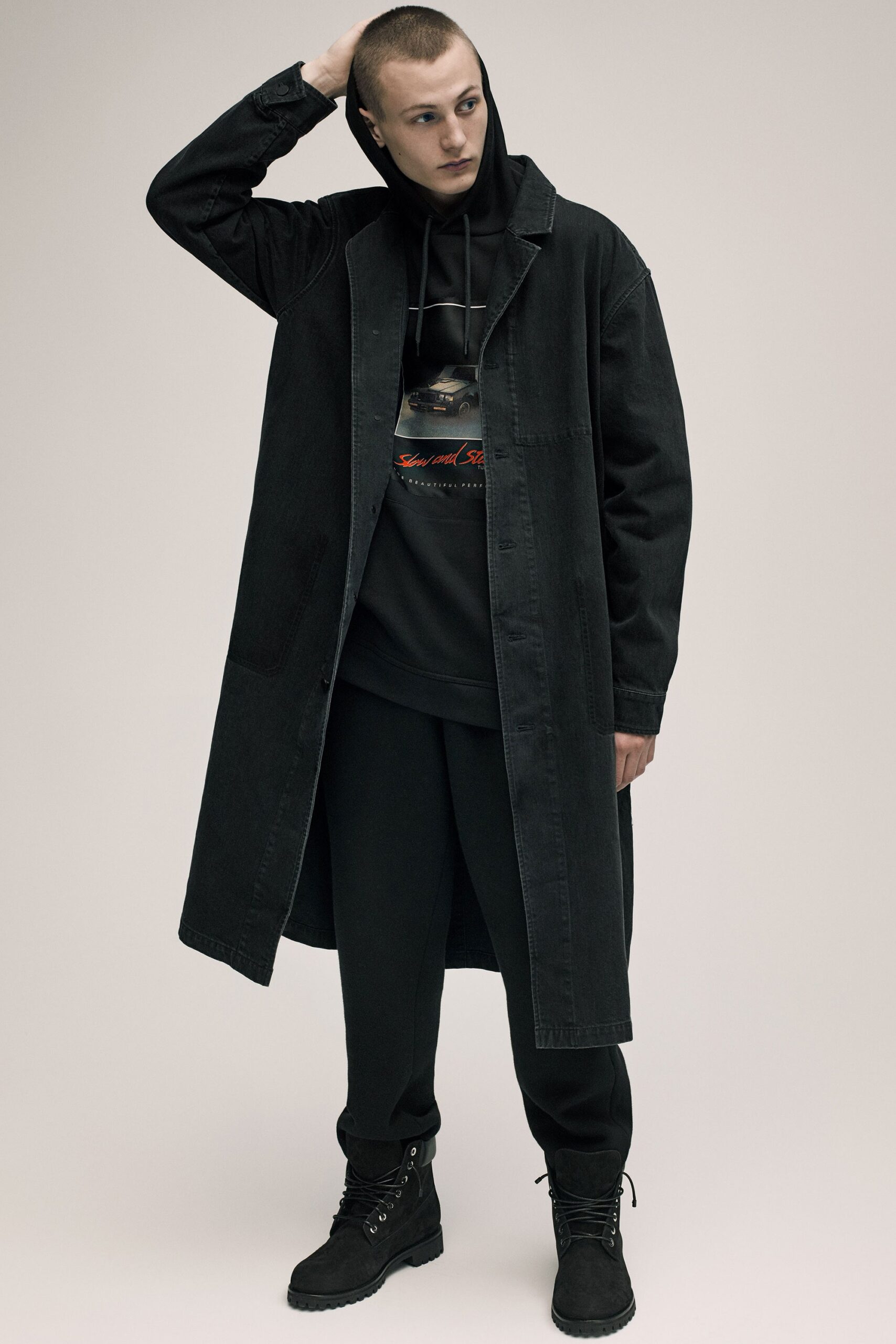 black denim coat with hoodie