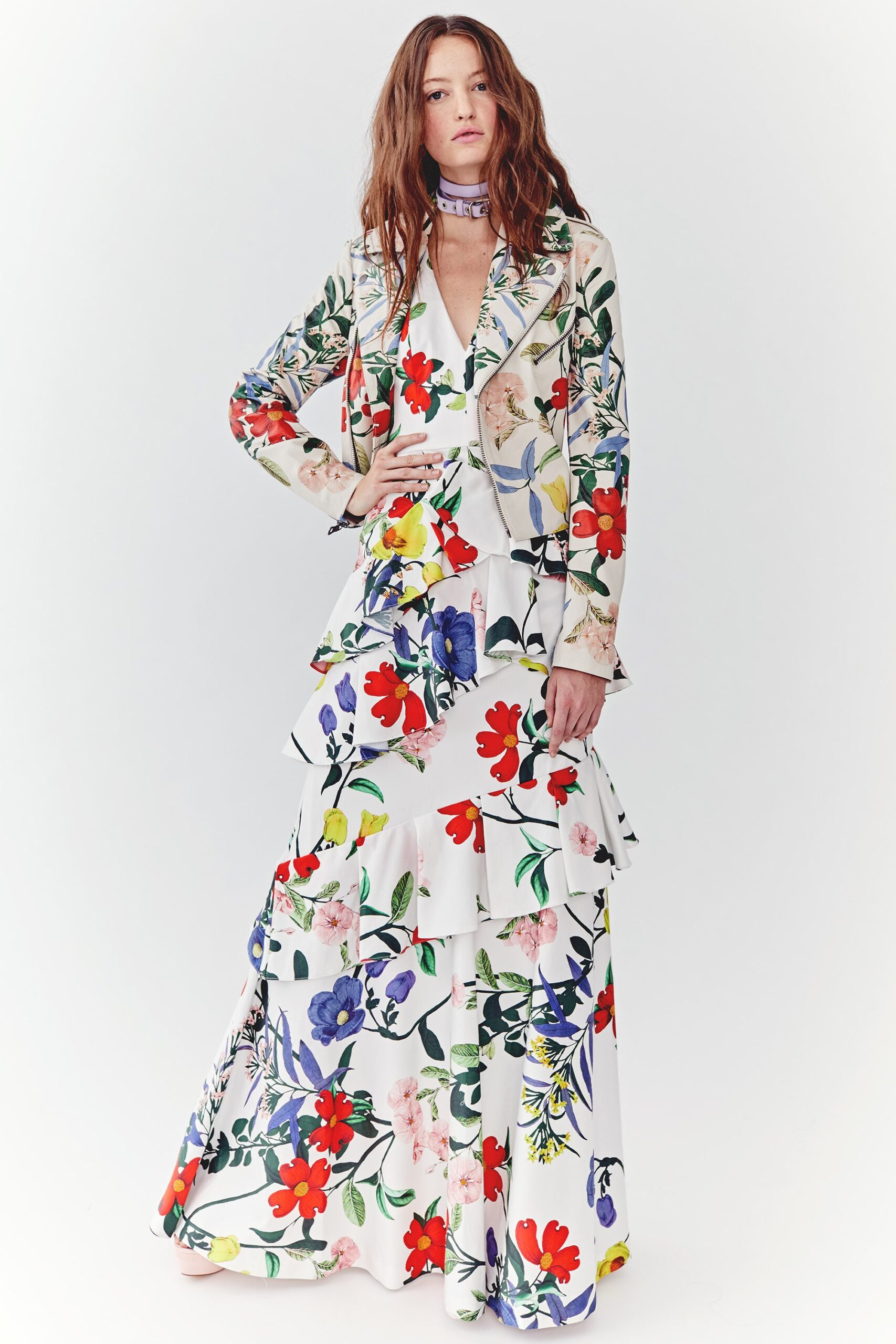 floral gown with fitted blazer