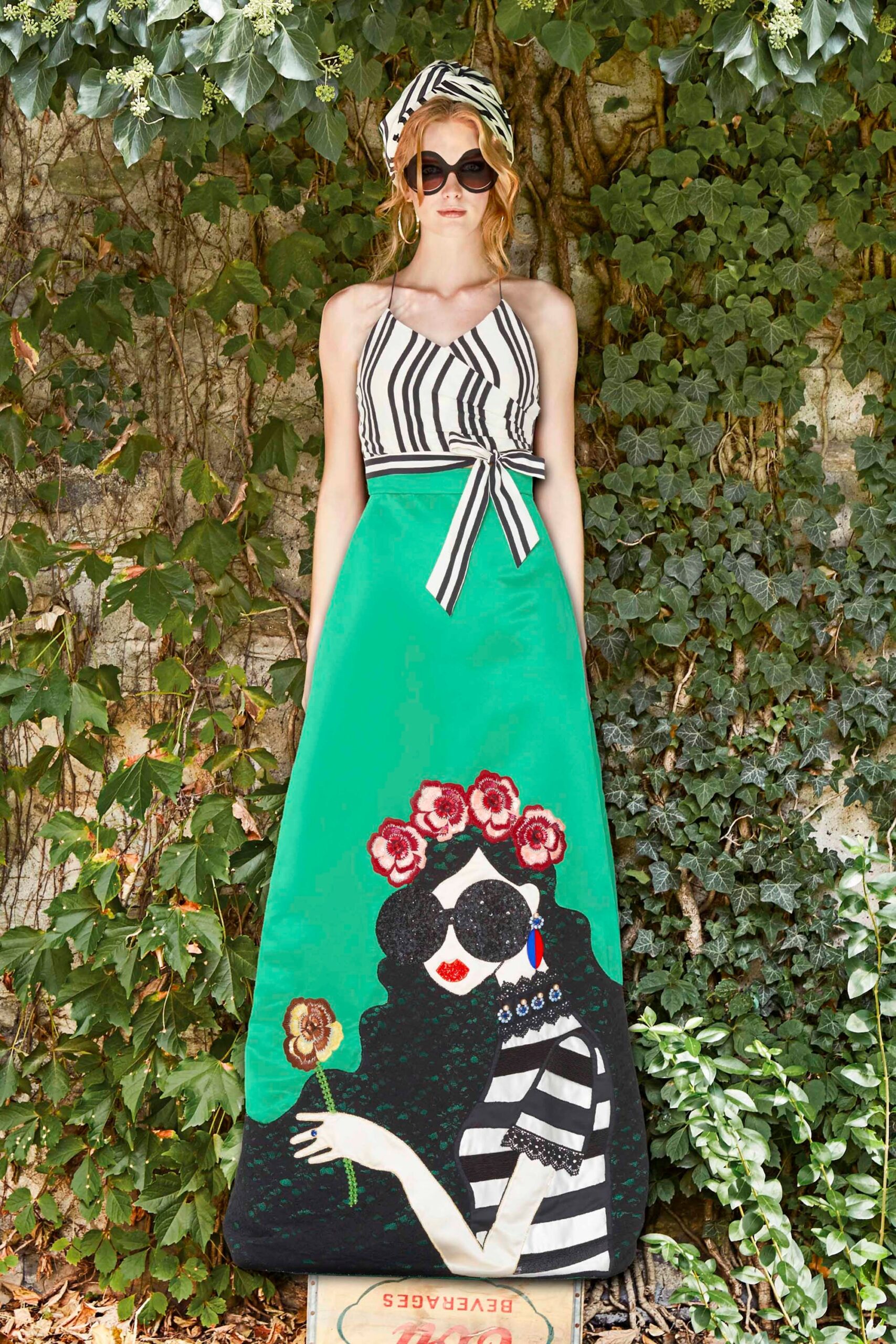 green cotton sleeveless v-neck fitted printed tiered dress