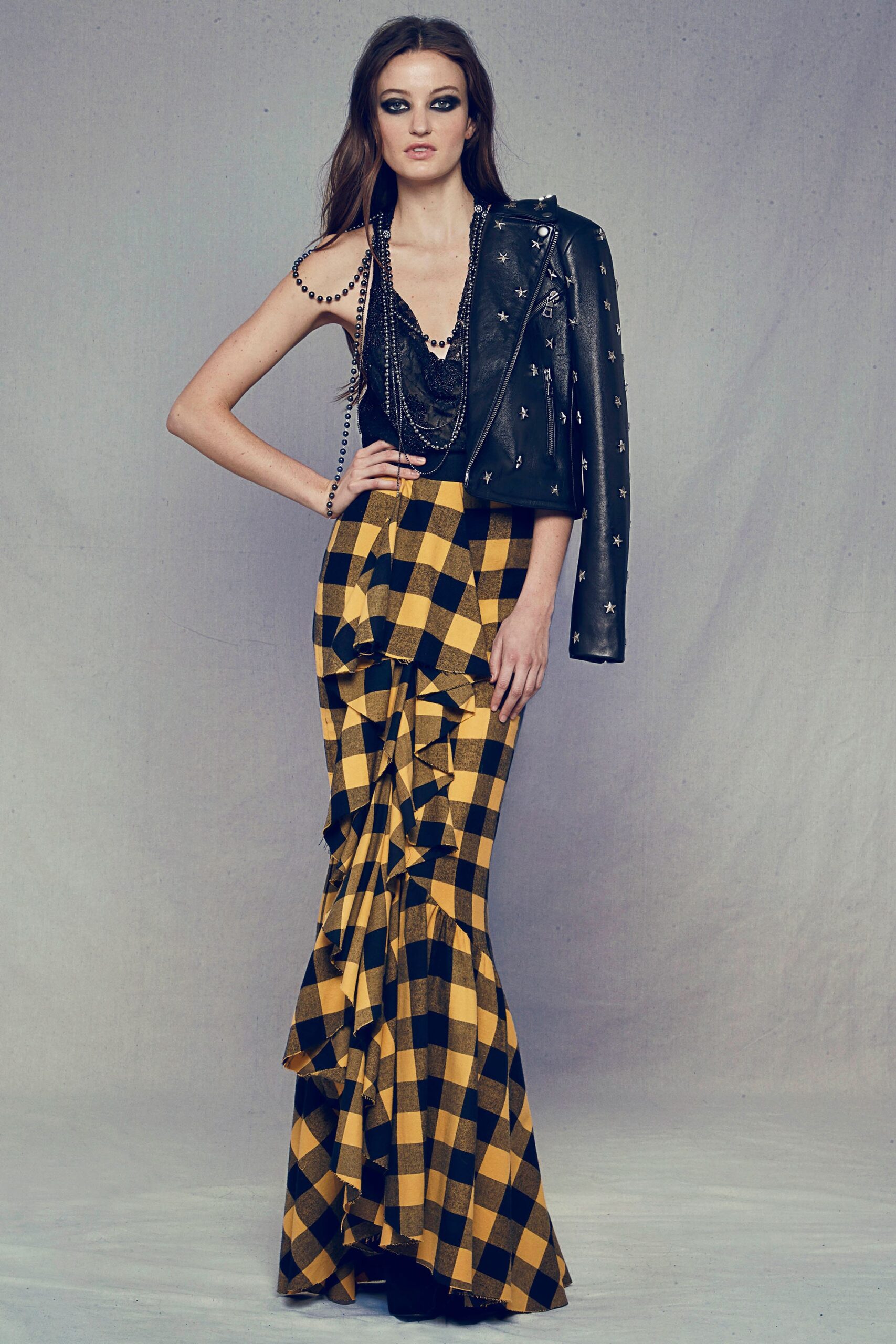 yellow cotton long-sleeve fitted flared maxi skirt