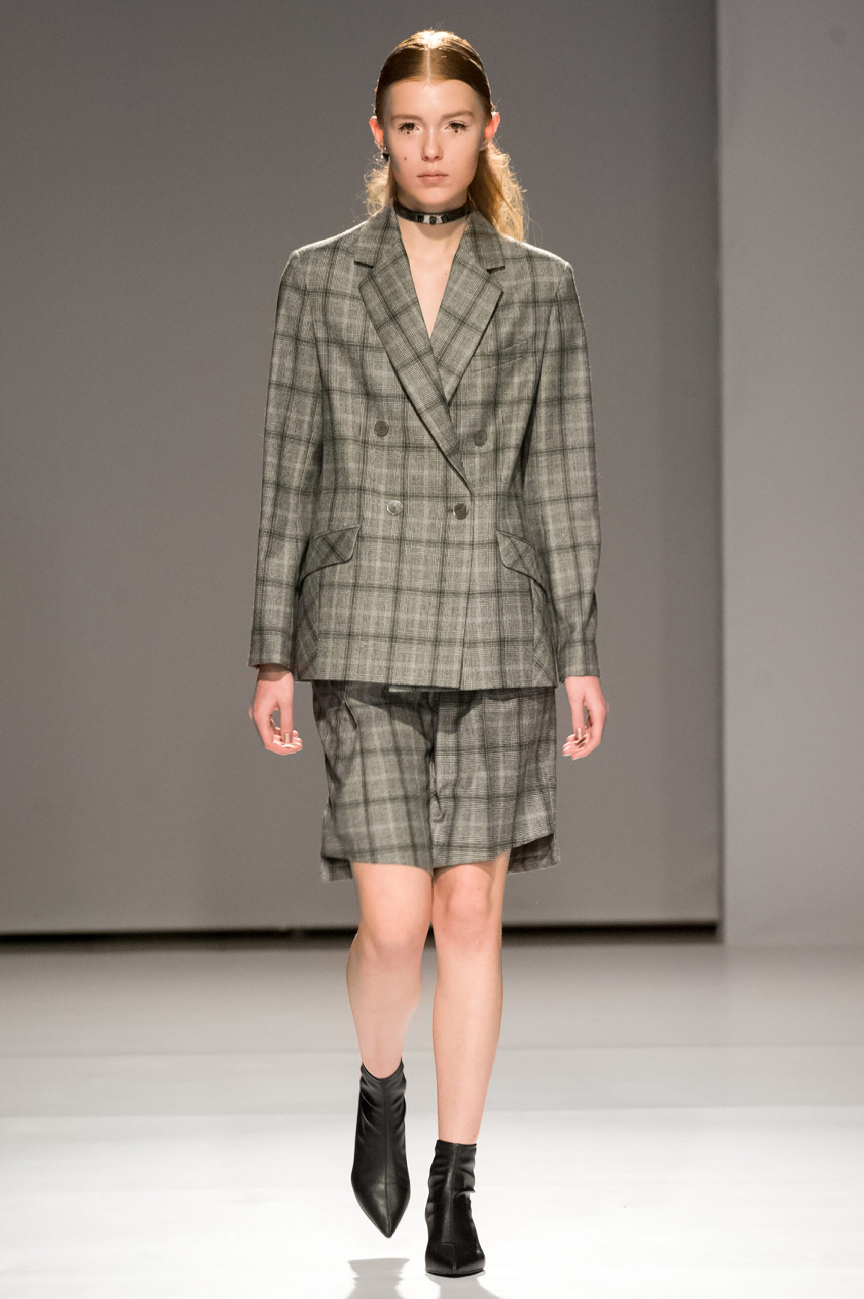 gray checked blazer and skirt