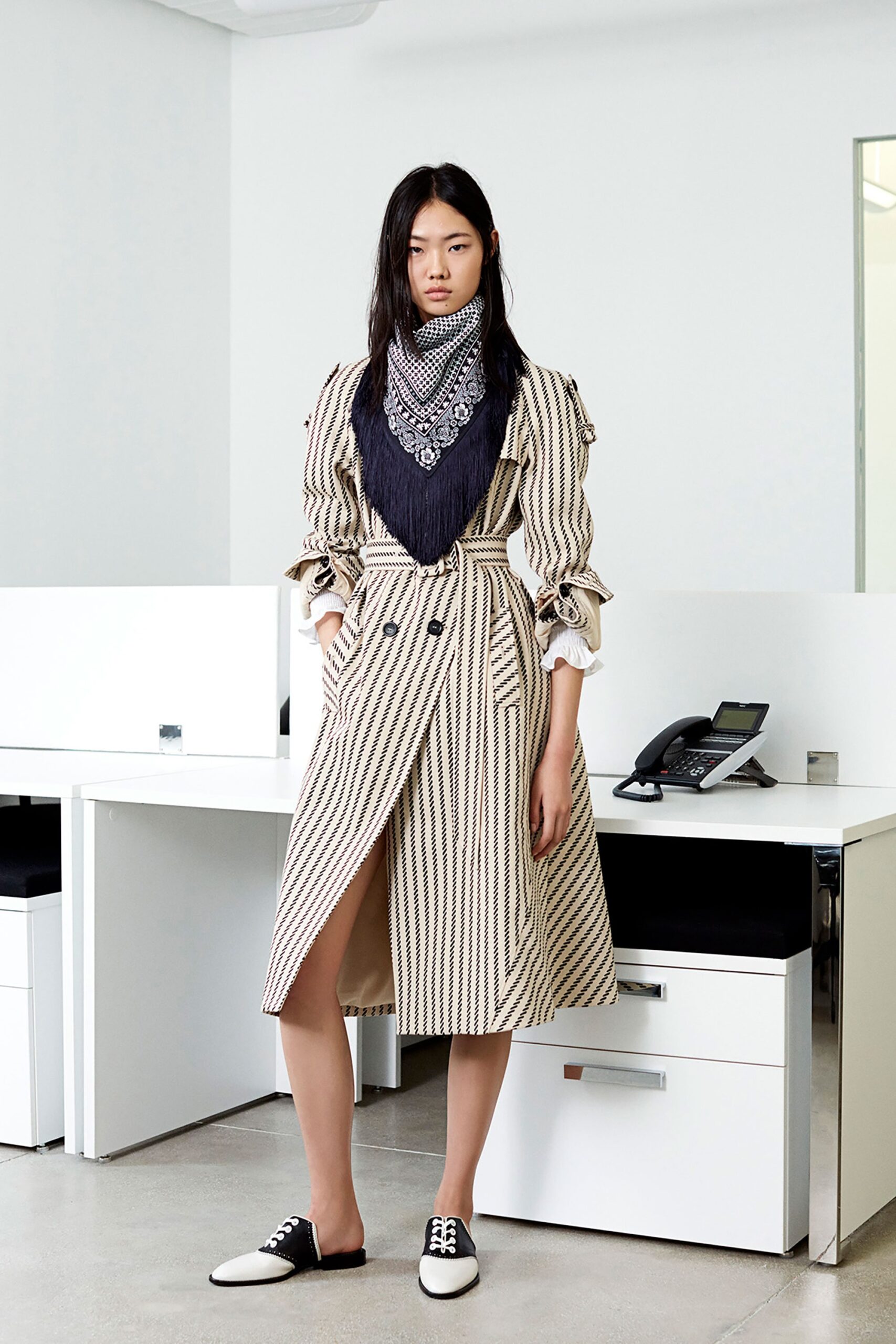 beige cotton long-sleeve collared fitted striped belted coat