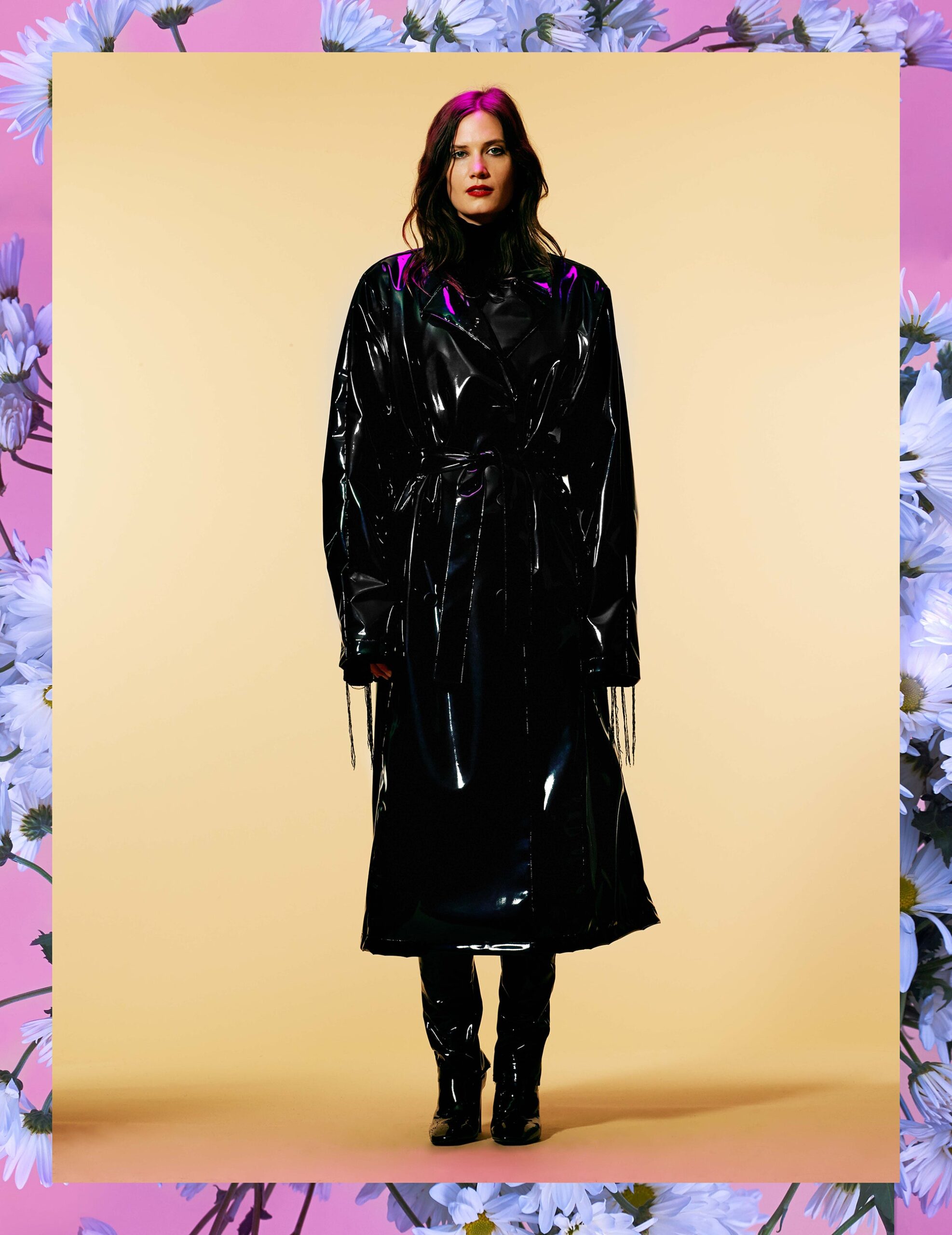 black vinyl oversized coat and boots