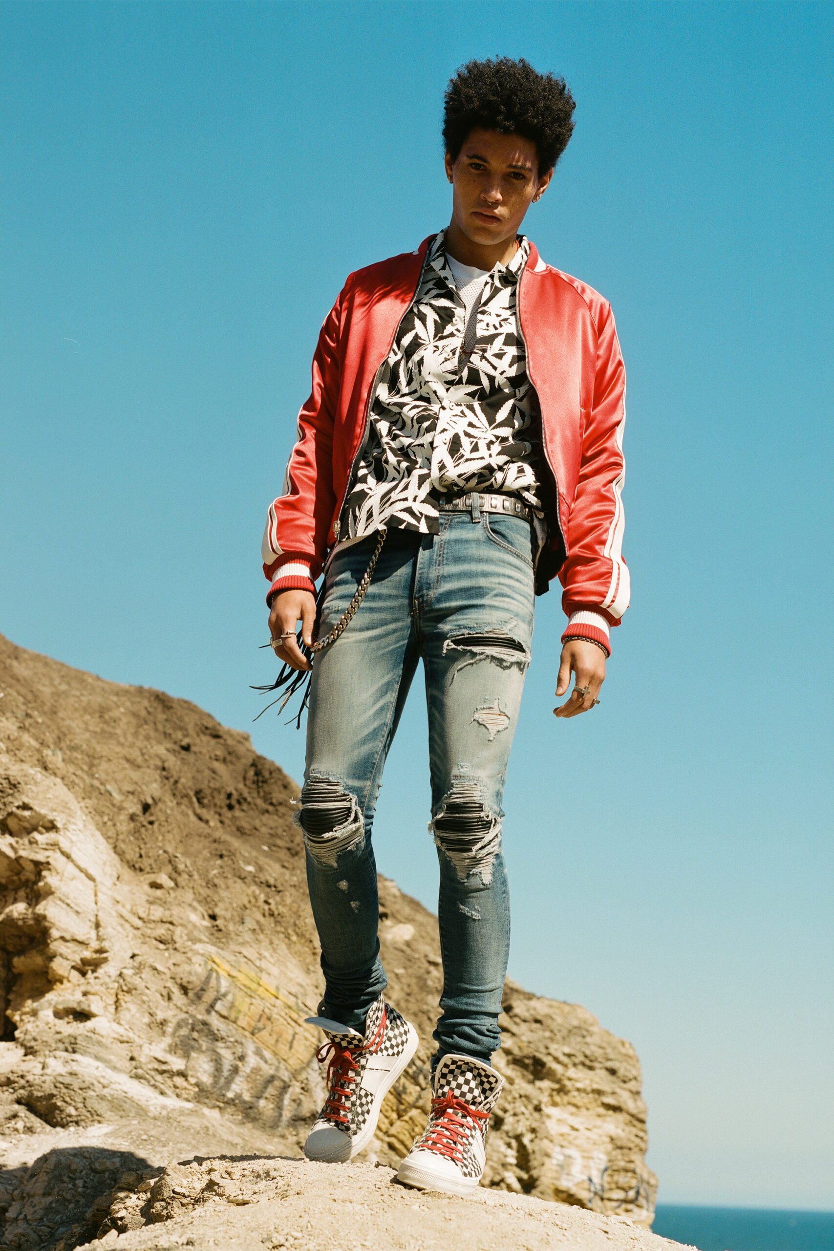 red leather jacket with printed shirt