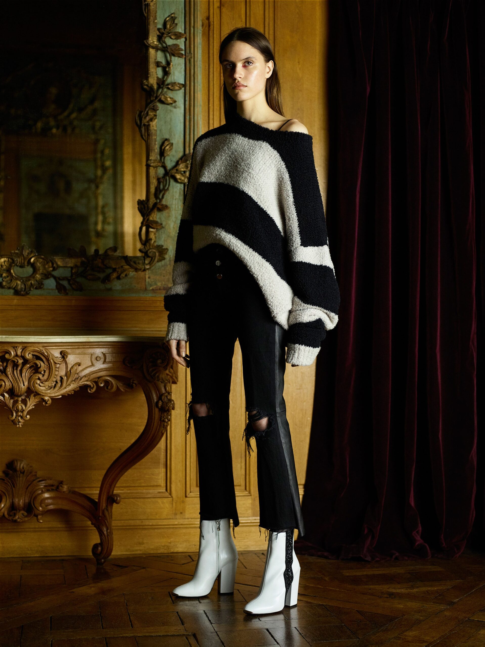 black wool long-sleeve off-shoulder oversized striped sweater