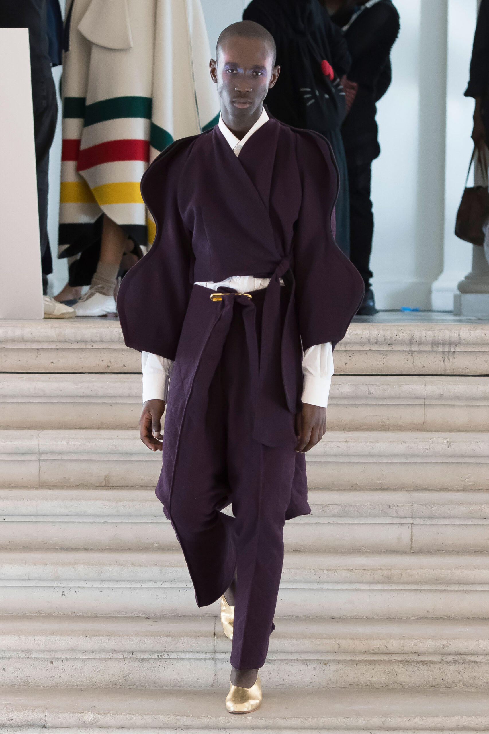 structured purple wool jacket and tailored pants