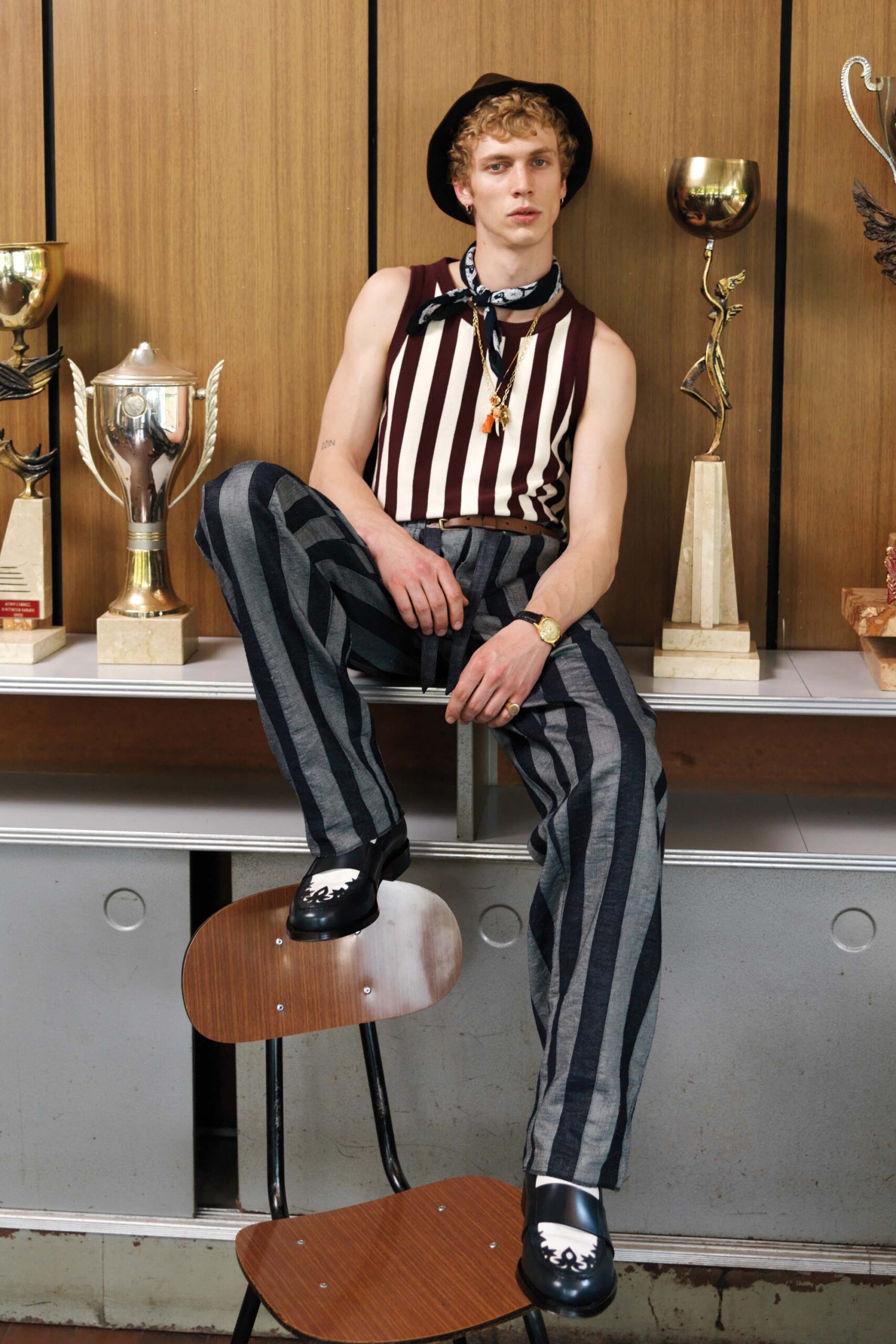 brown and white striped top with relaxed pants