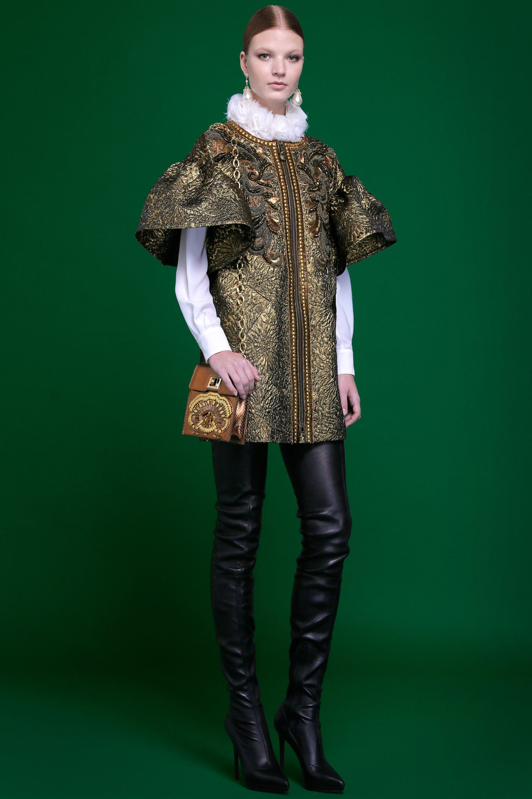 gold silk long-sleeve collared structured embroidered zippered cape