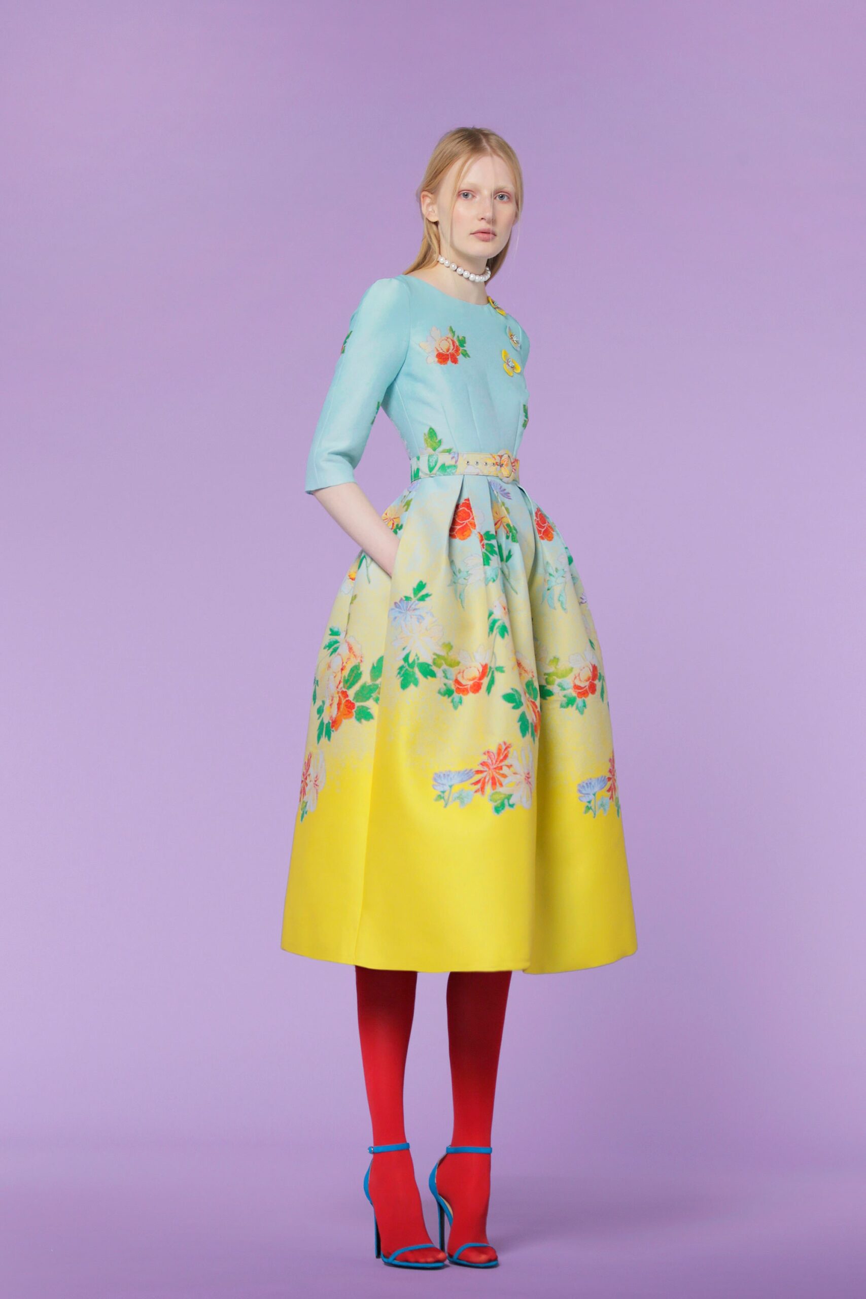 blue and yellow embroidered midi dress
