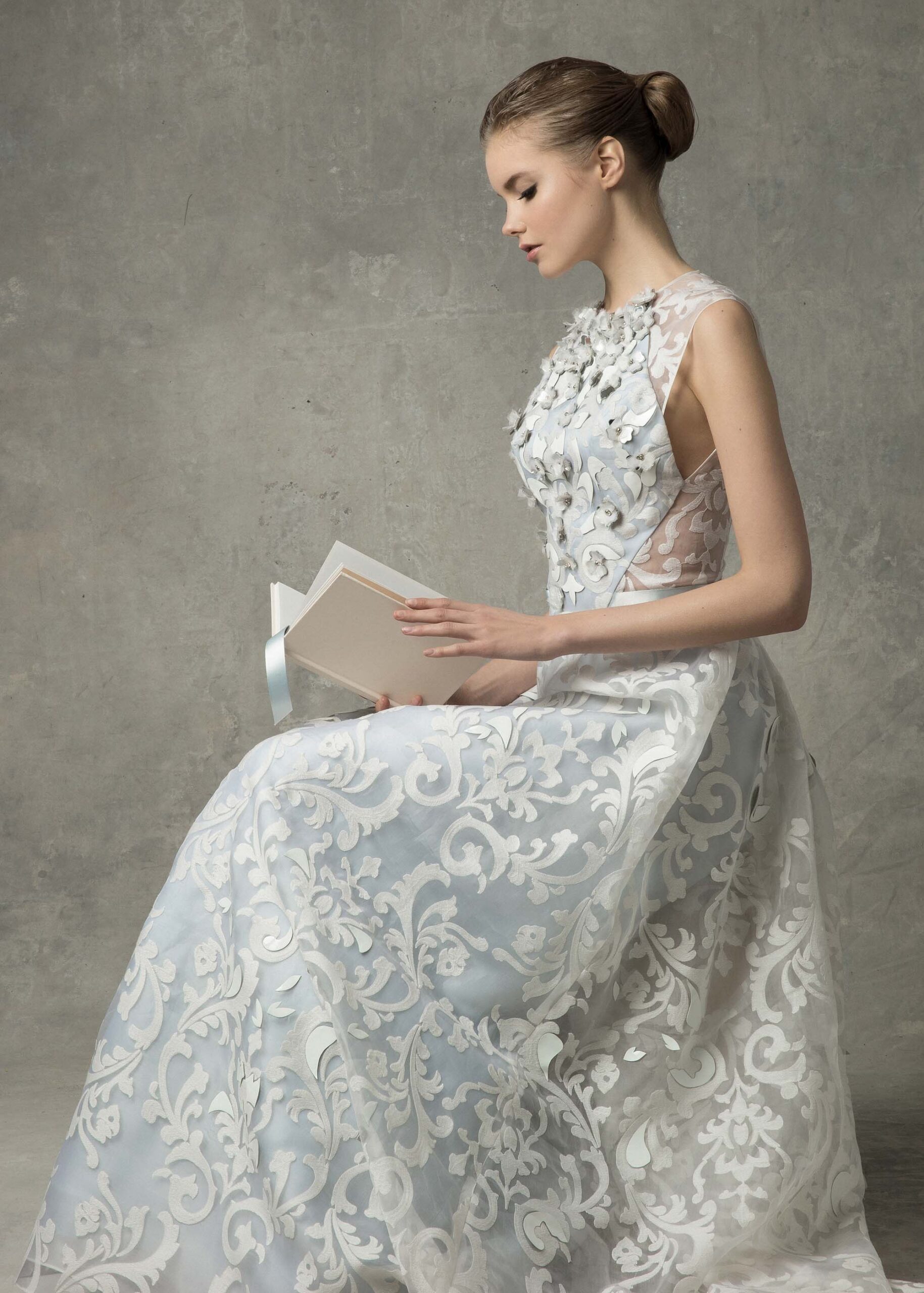 white and blue embroidered gown