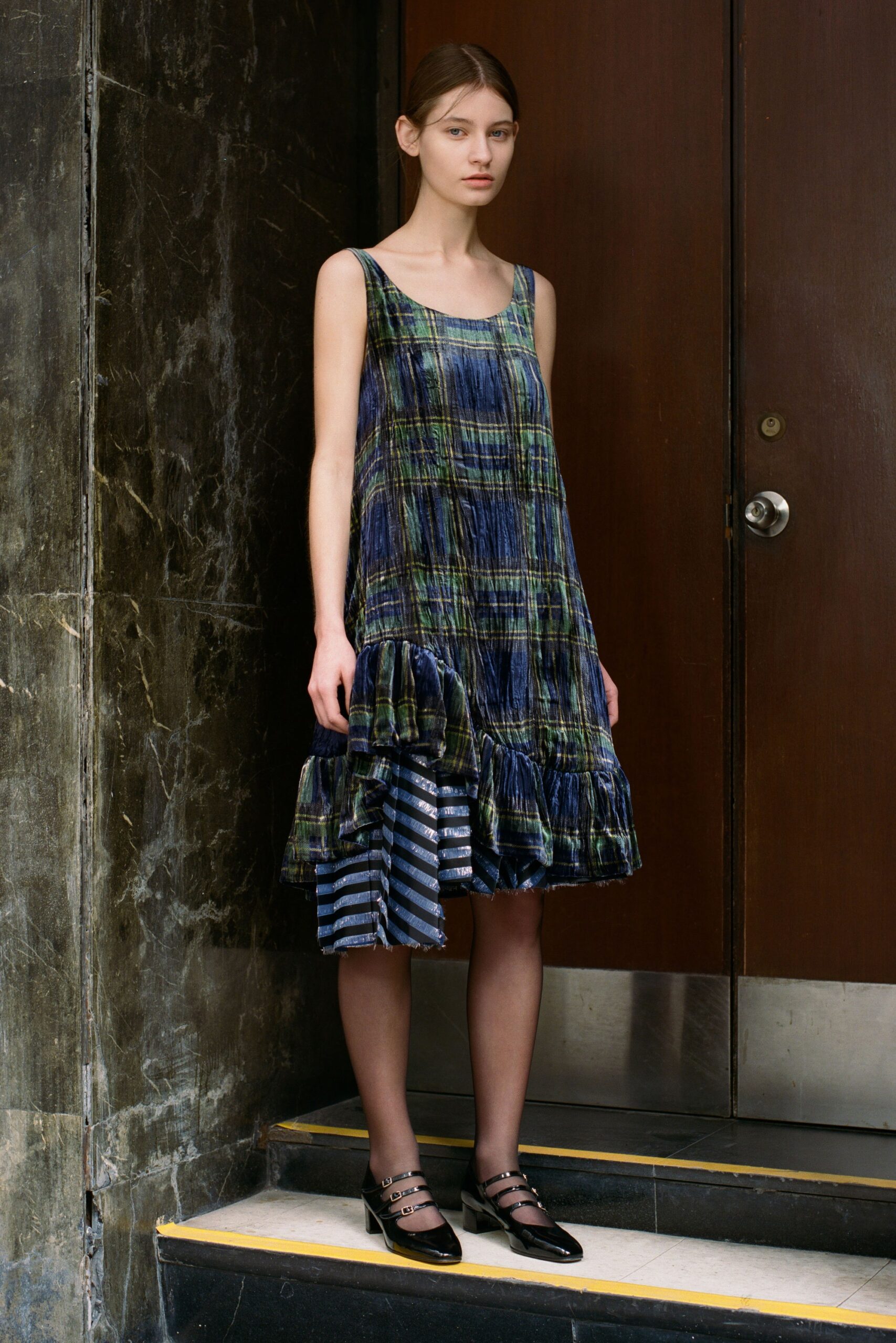 blue green tiered midi dress