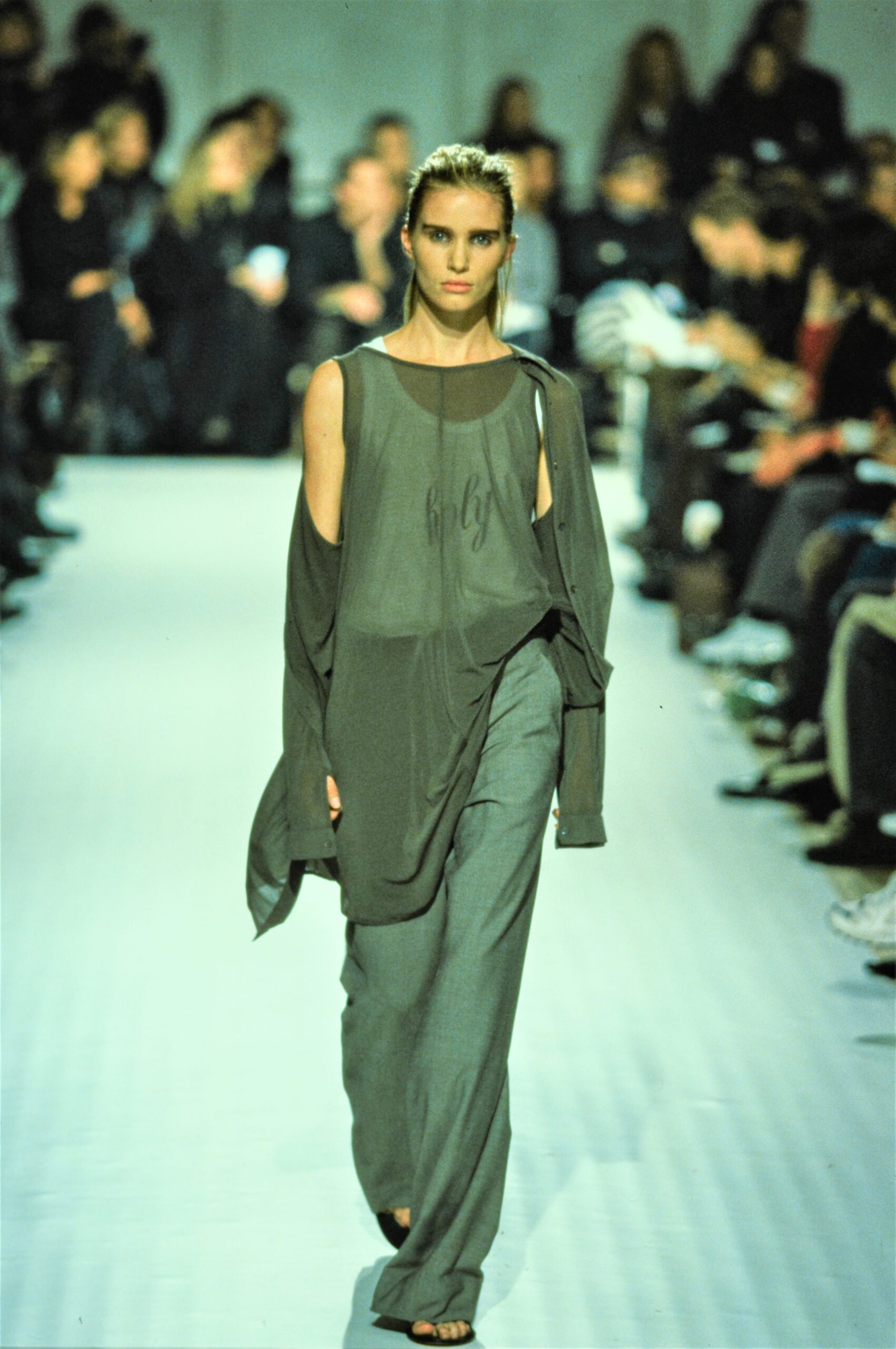 gray relaxed top and fitted pants