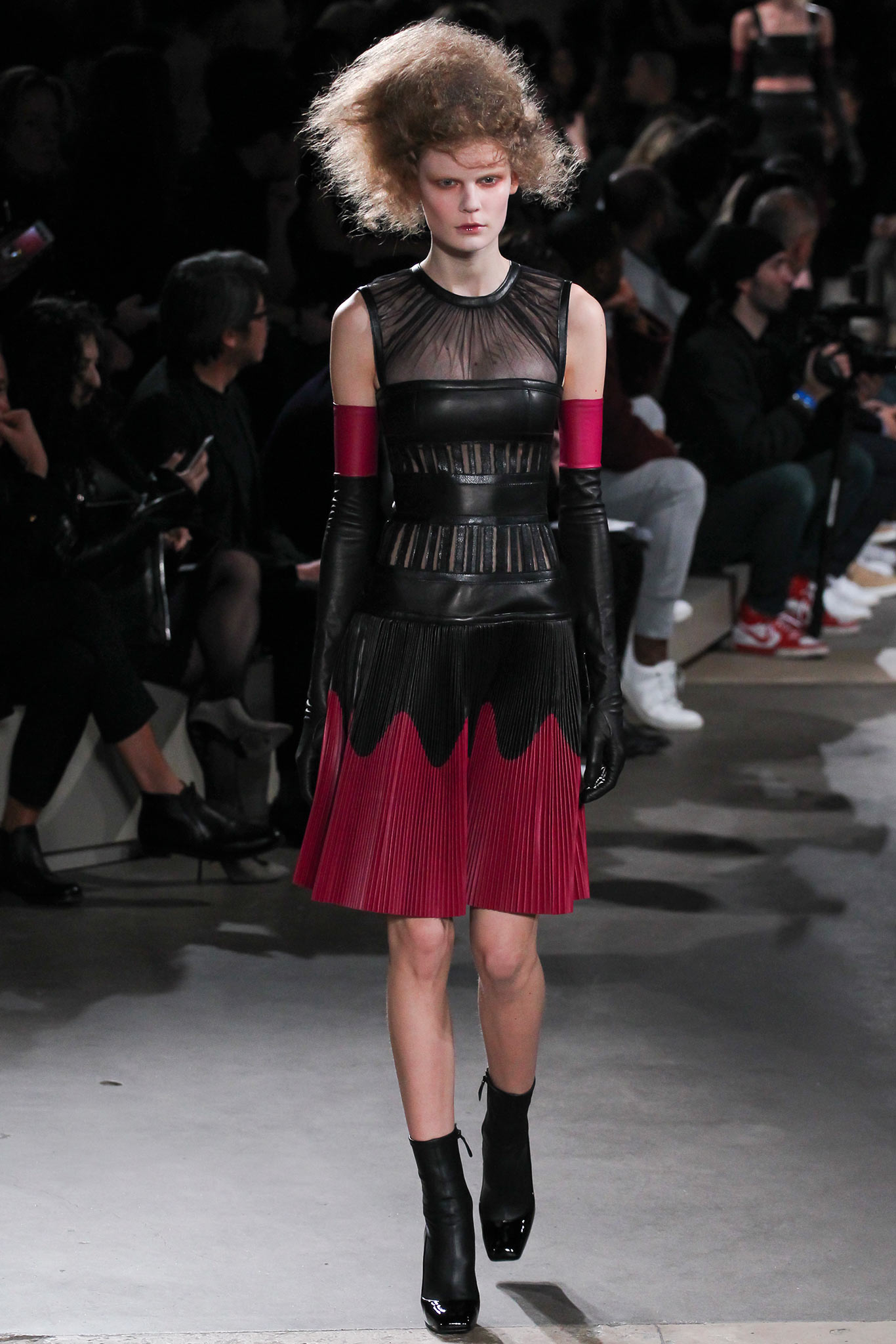 black leather sleeveless high-neck fitted pleated layered dress