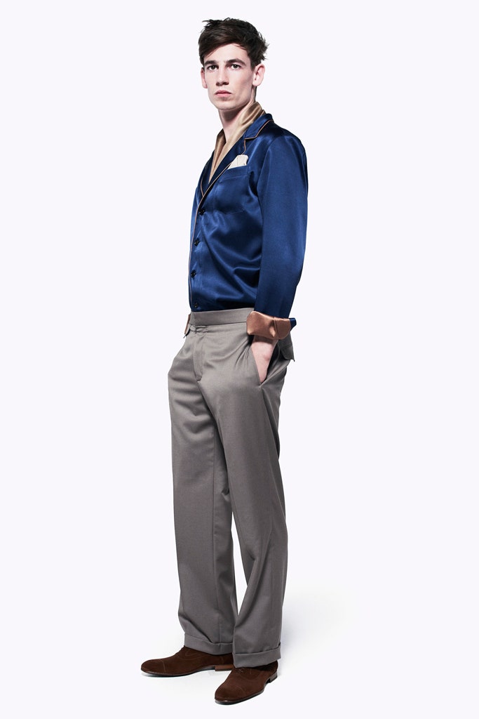 blue silk long-sleeve collared fitted buttoned shiny shirt