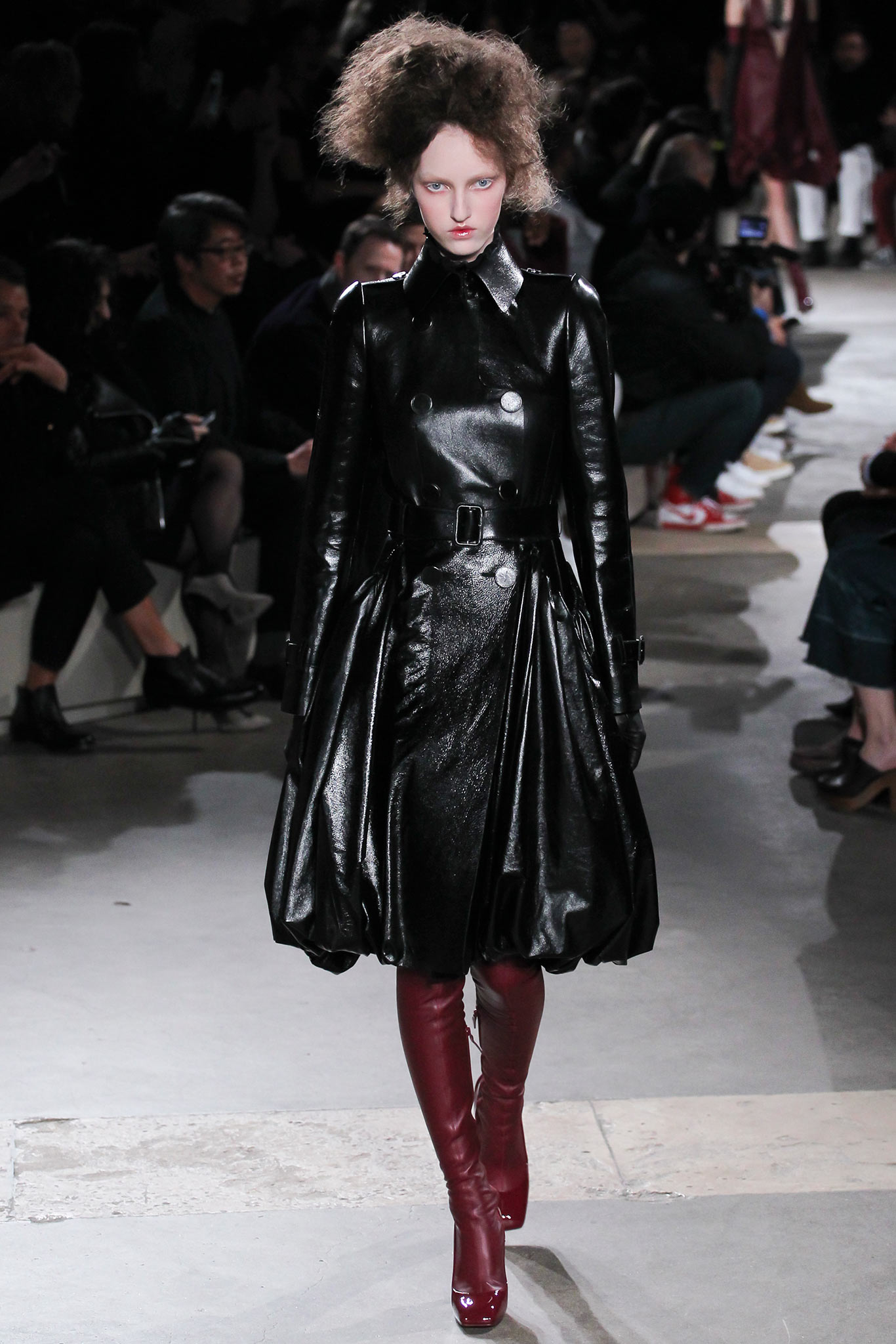 black leather long-sleeve collared fitted pleated belted dress