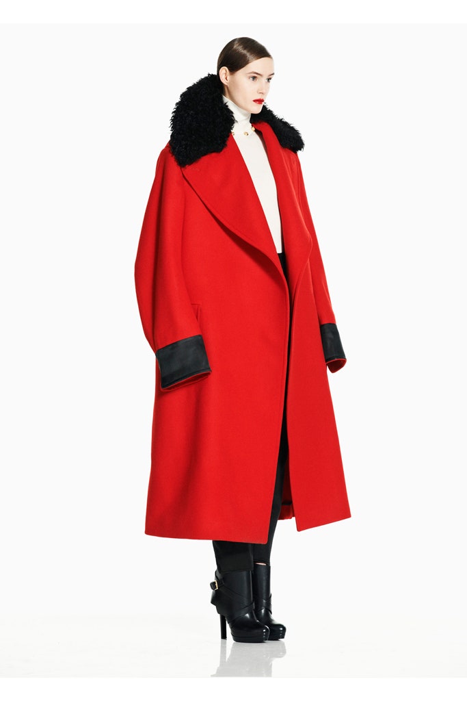 oversized red coat with black fur collar