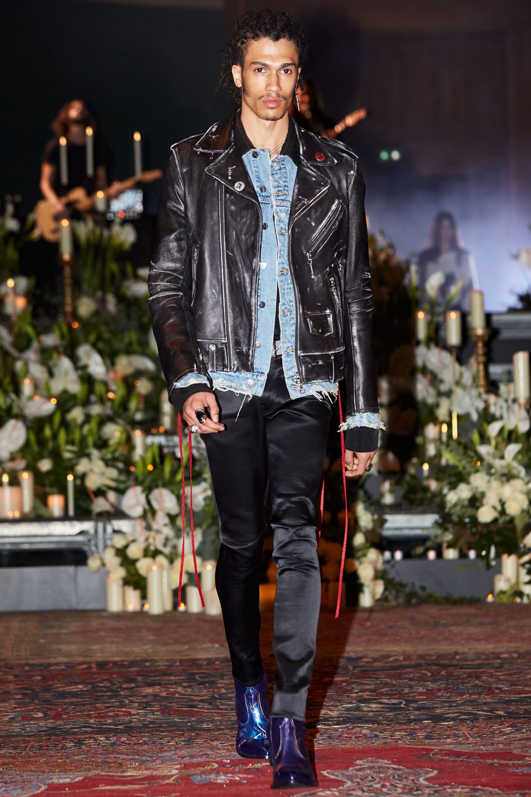 black leather jacket with denim shirt
