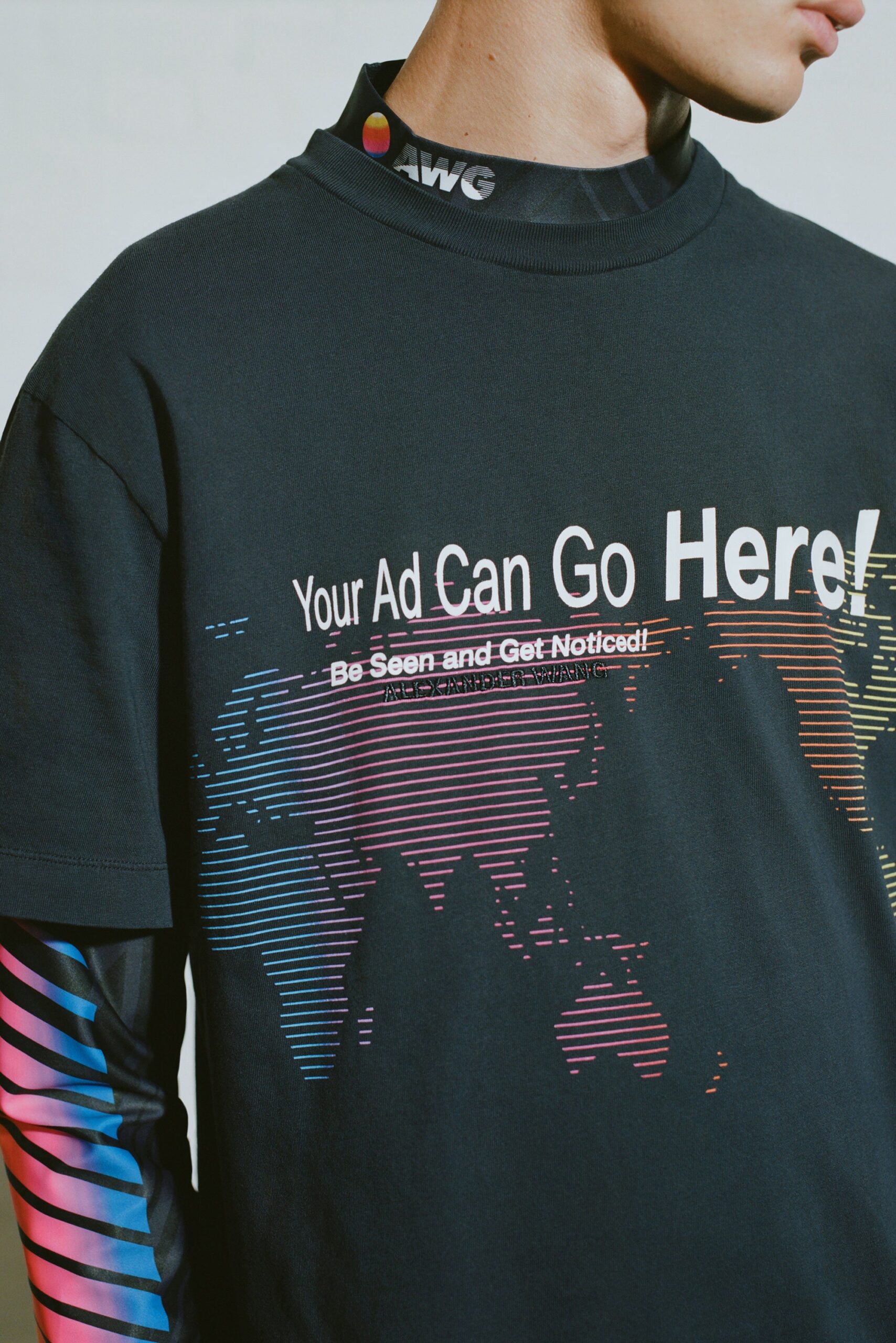 black t-shirt with colorful long sleeves