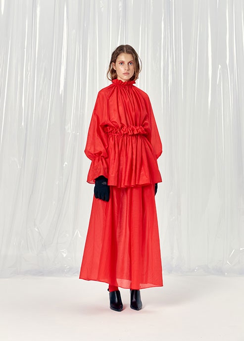 red silk long-sleeve high-neck relaxed pleated belted dress