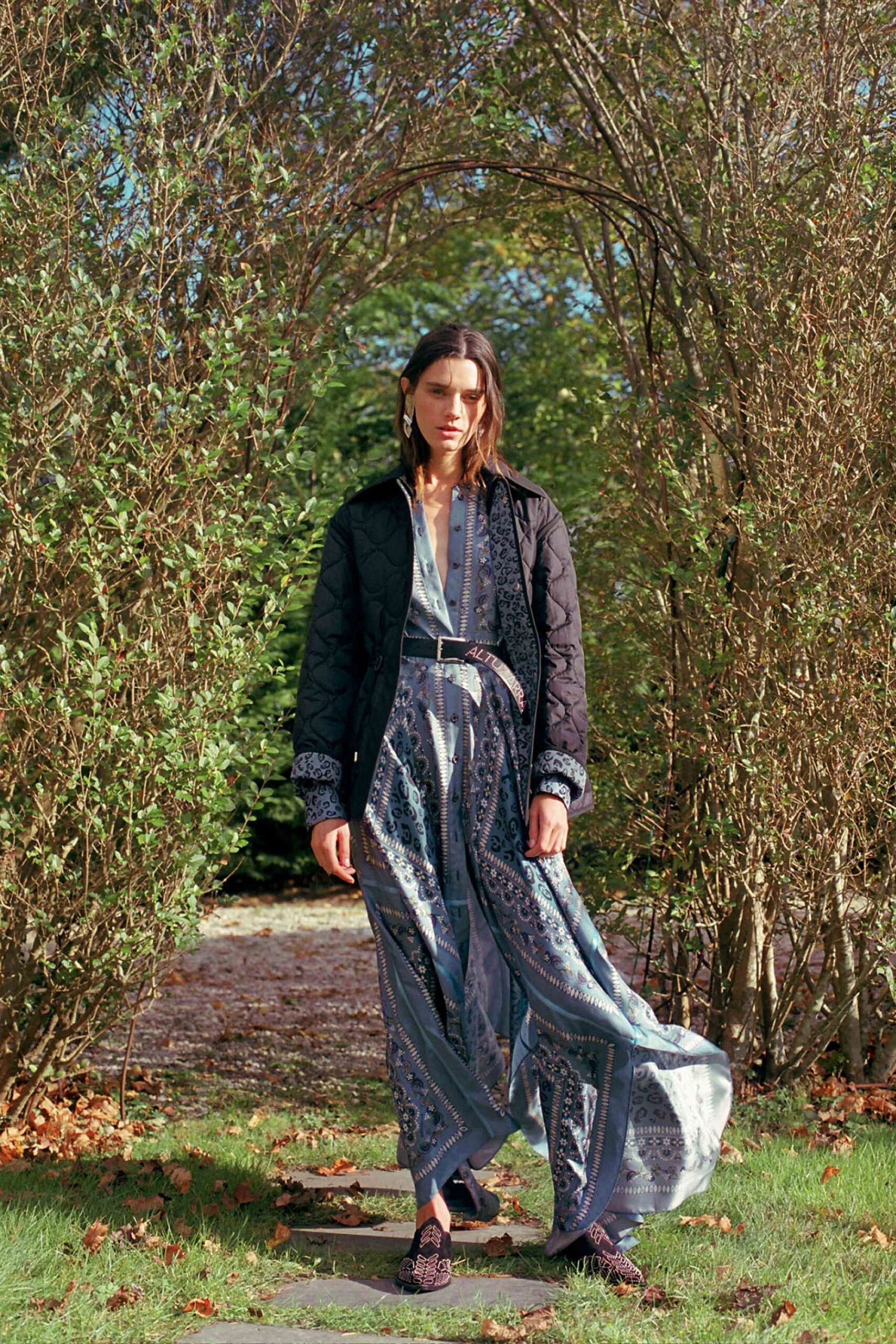 black coat with blue maxi dress