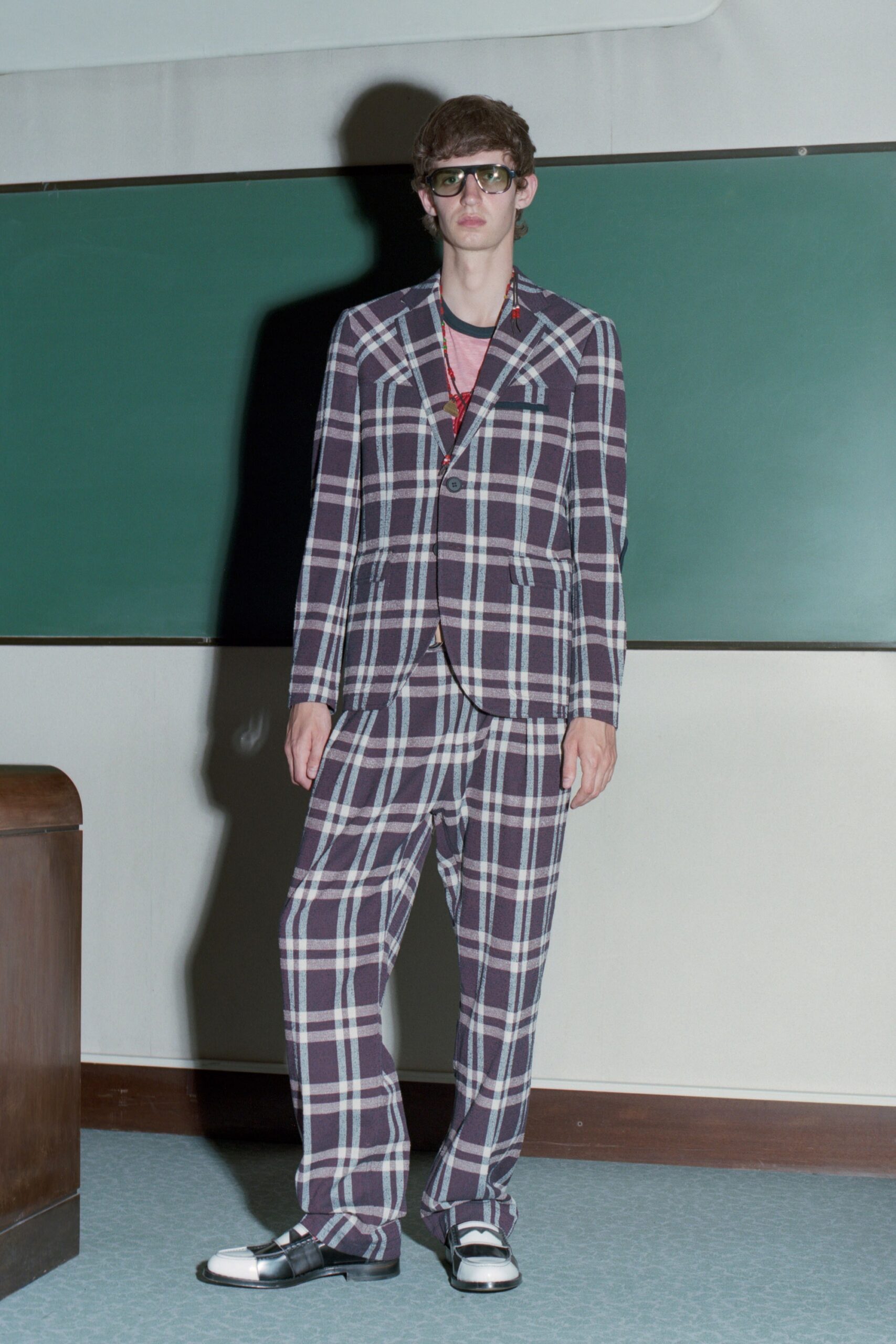 purple checked tailored suit