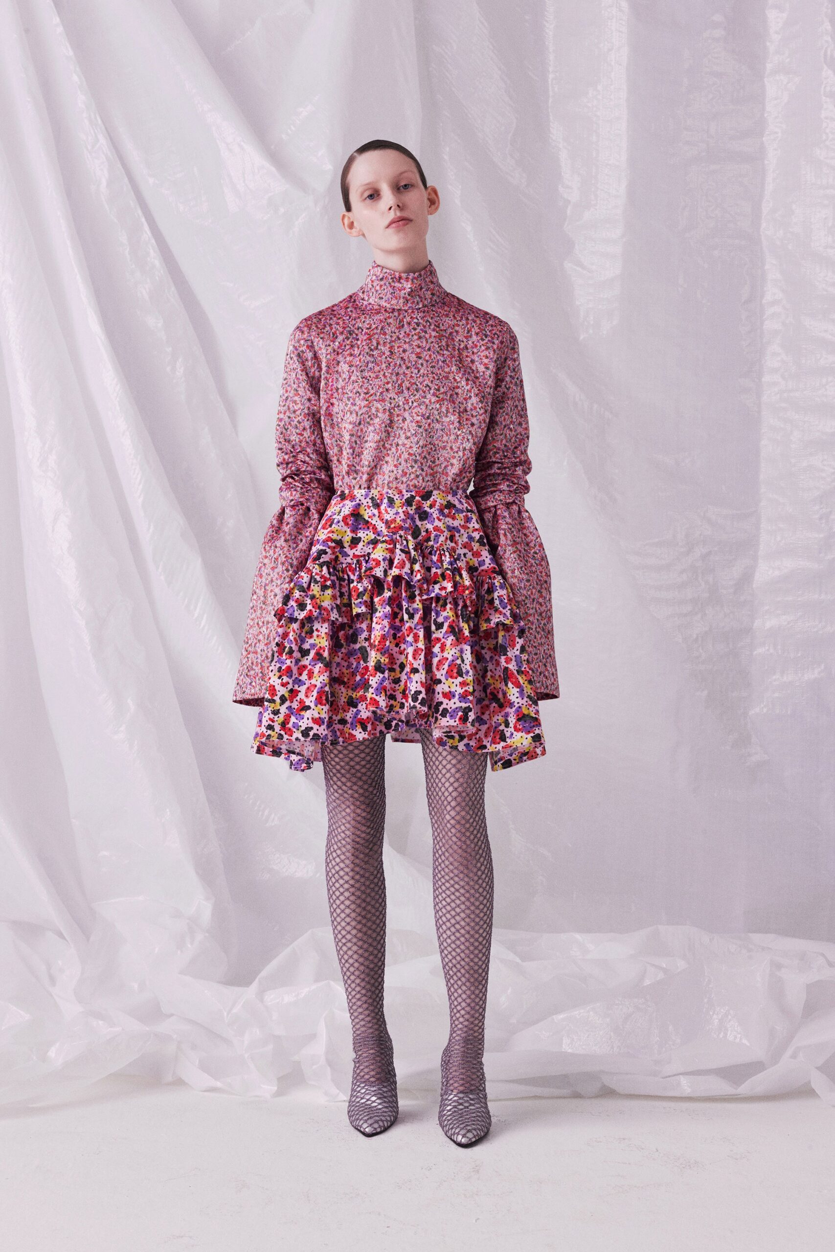 multi silk fitted tiered ruffled mini skirt