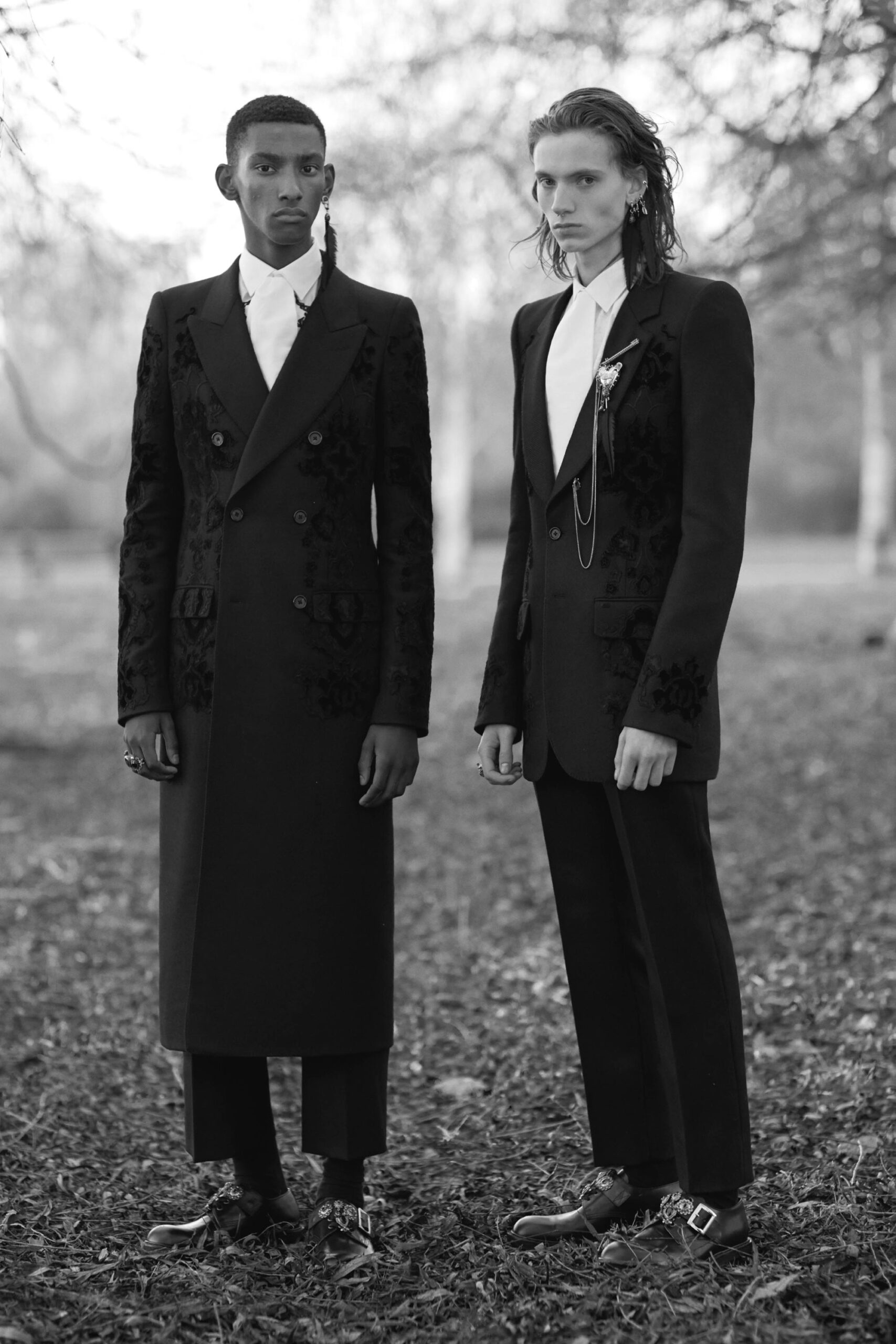 black wool long-sleeve collared fitted embroidered maxi coat