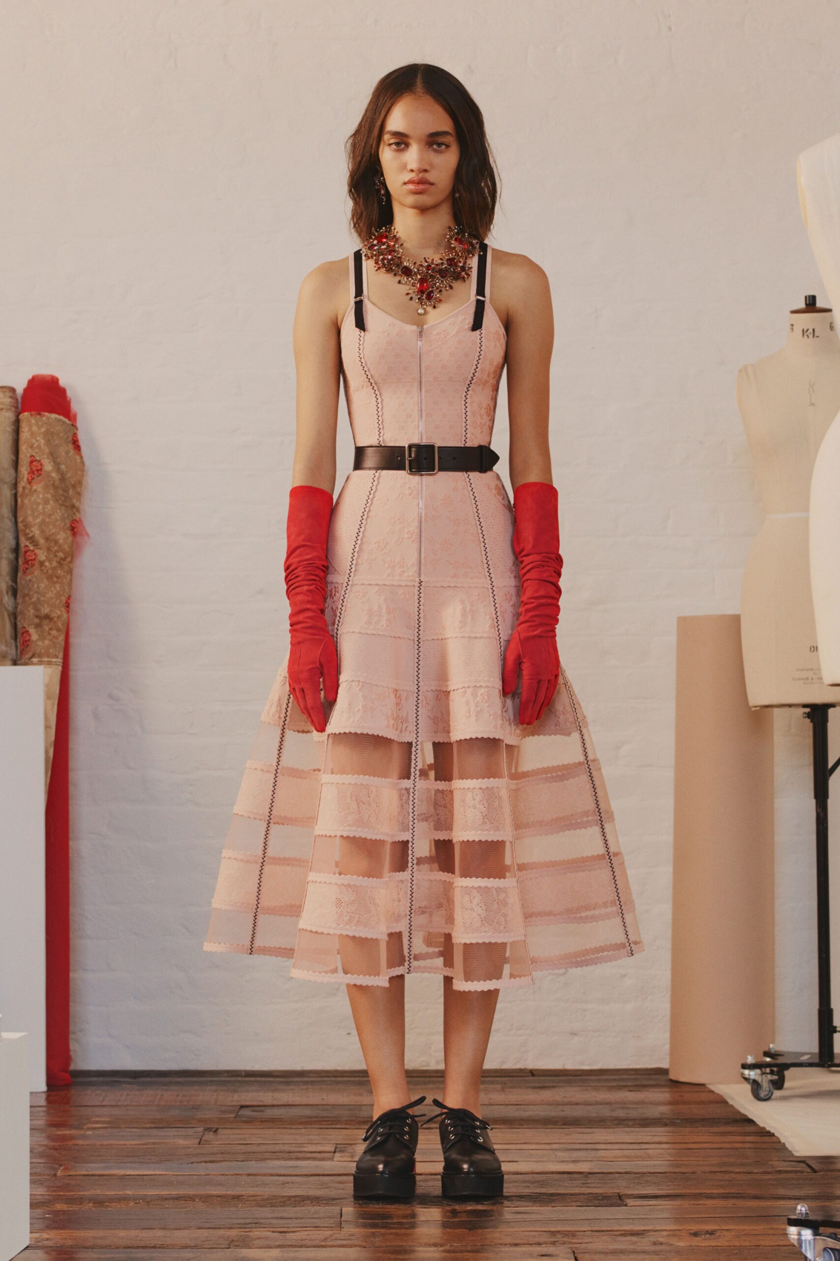 pink lace midi dress with gloves