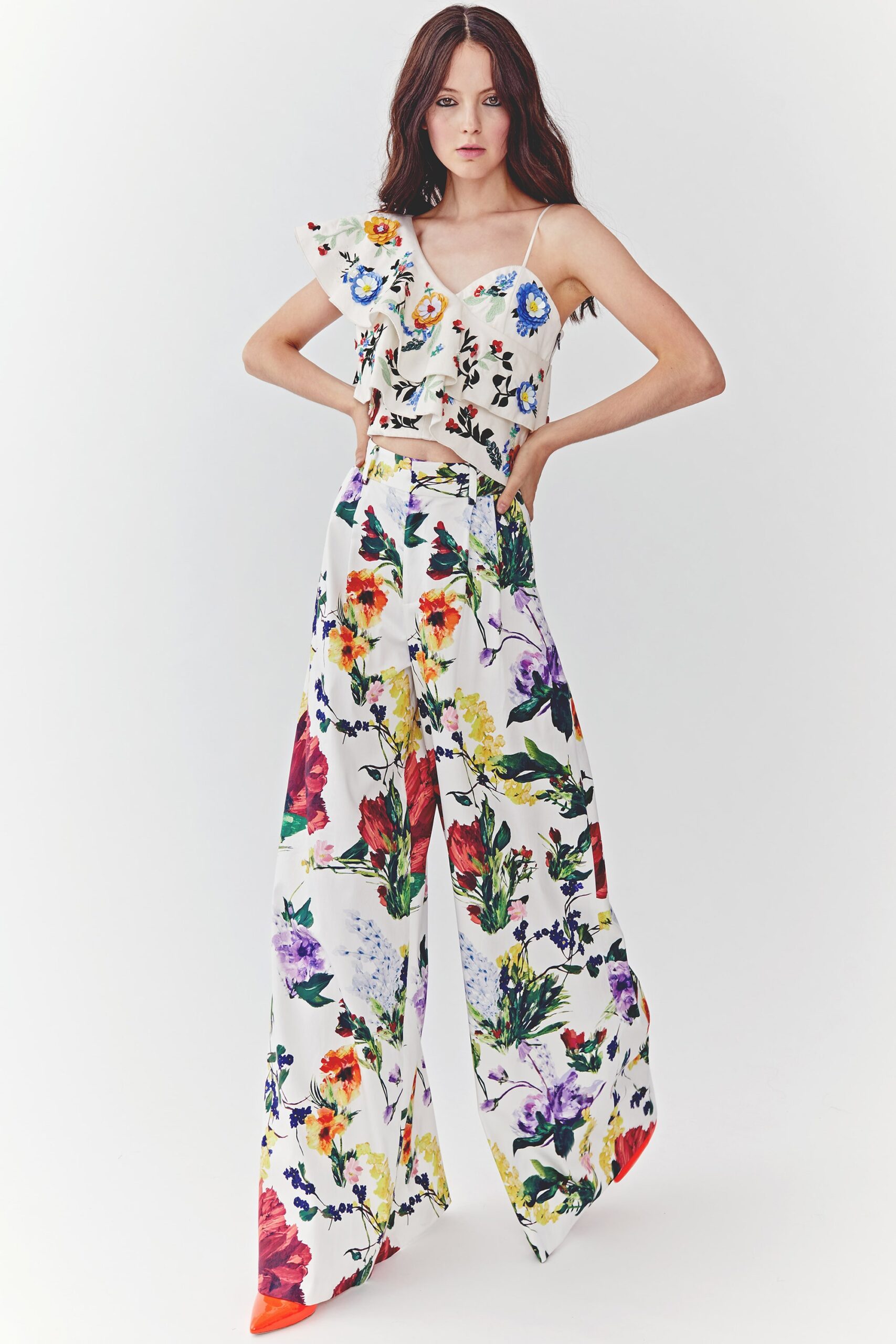 floral top and wide-leg pants