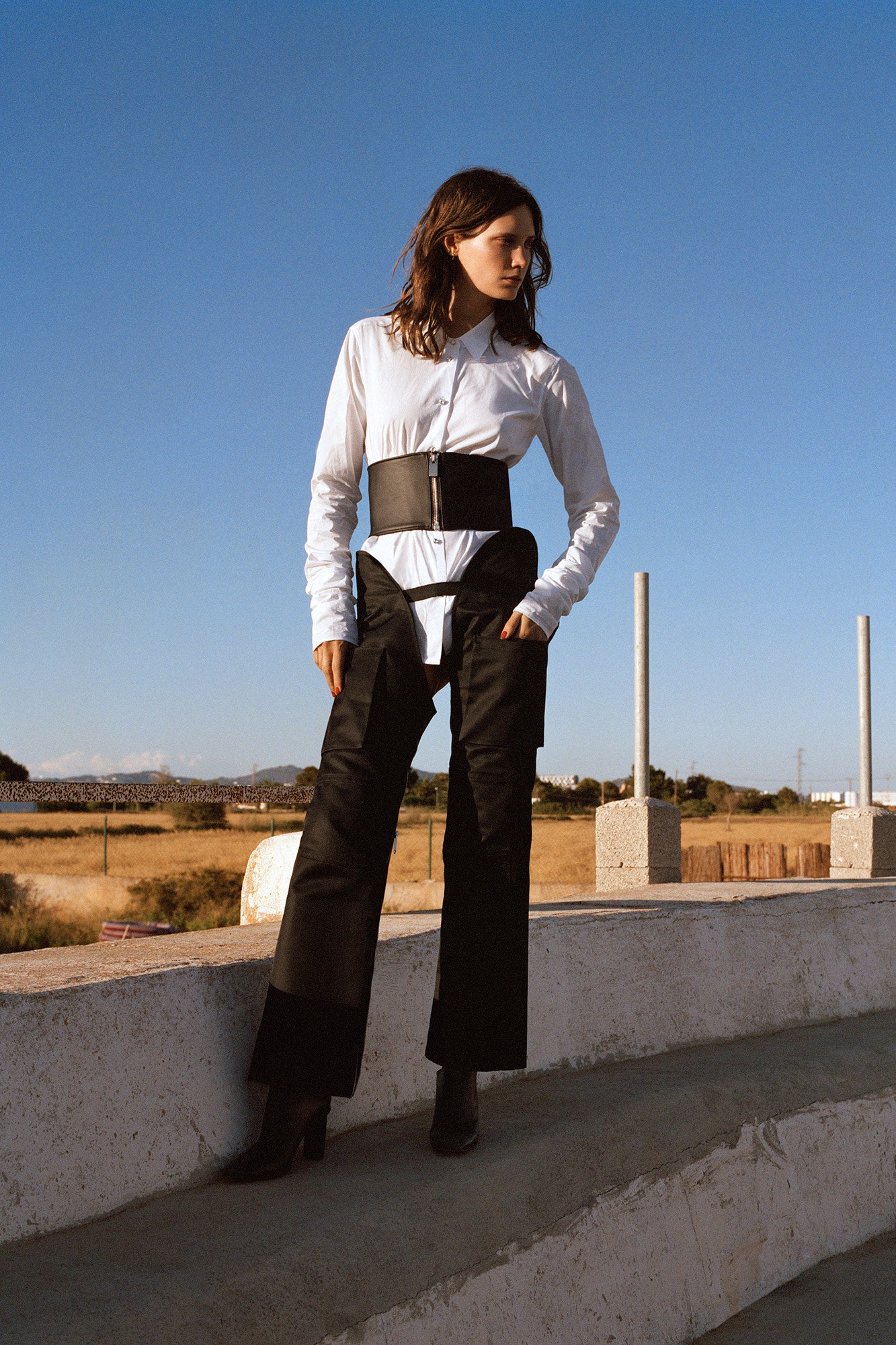 white fitted shirt with black tailored pants
