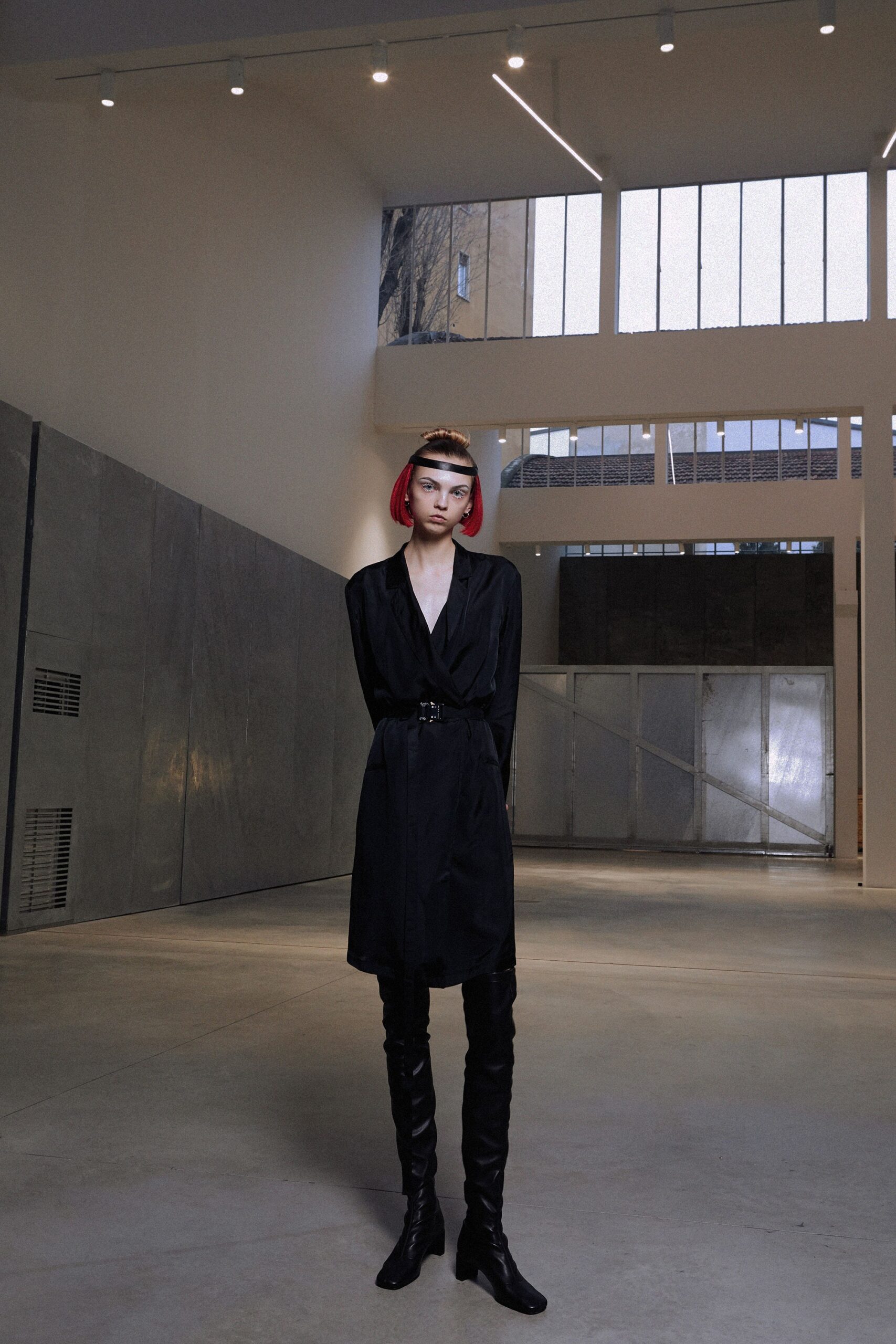 black silk belted midi dress