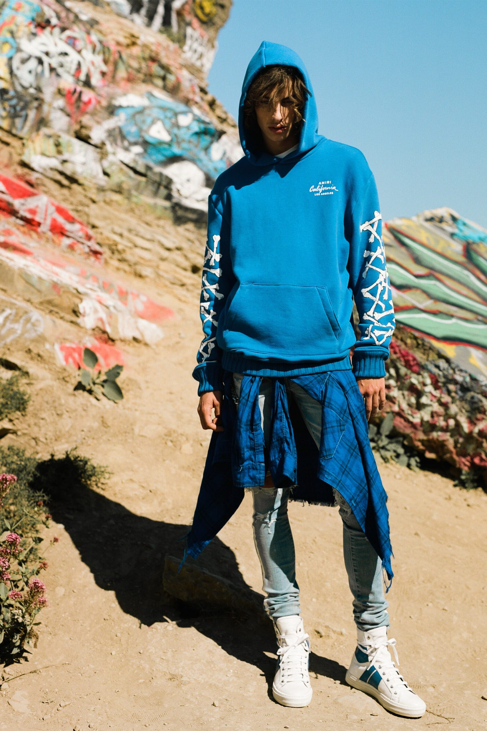 blue hoodie with checked shirt