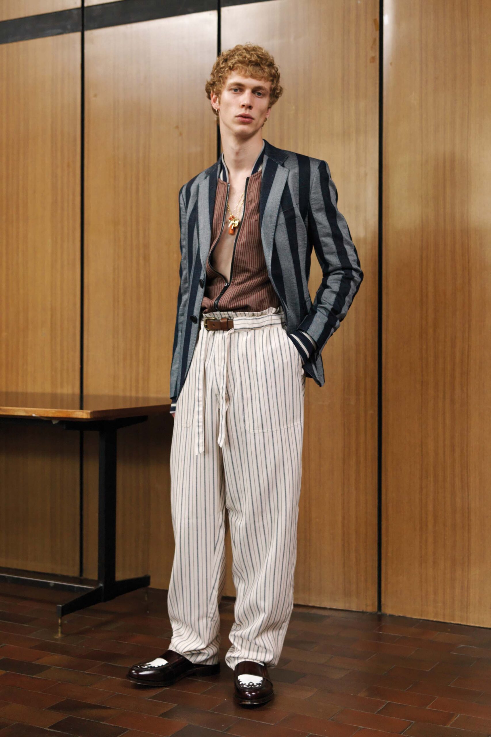 striped blazer with relaxed pants
