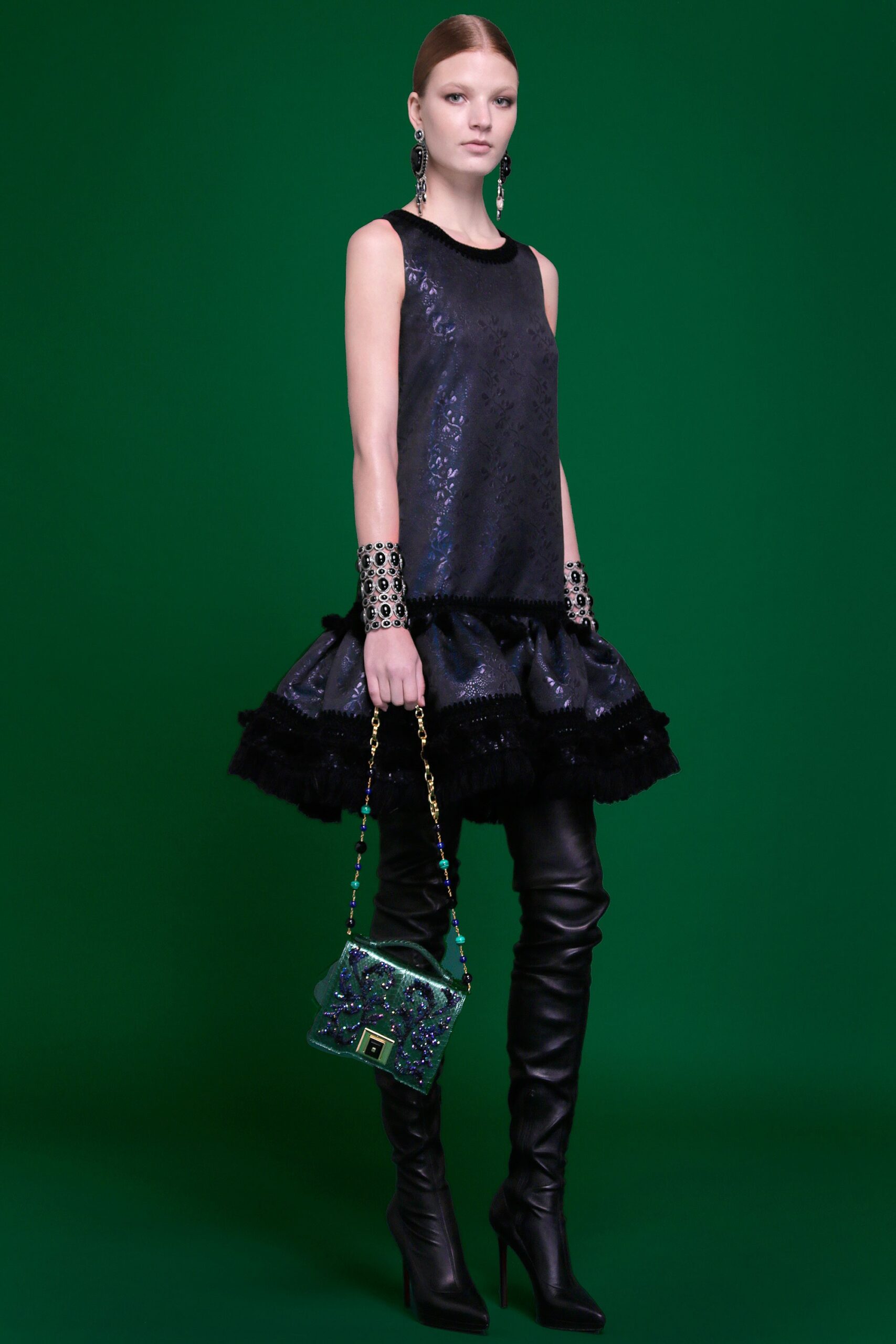black silk sleeveless collared fitted tiered shiny dress
