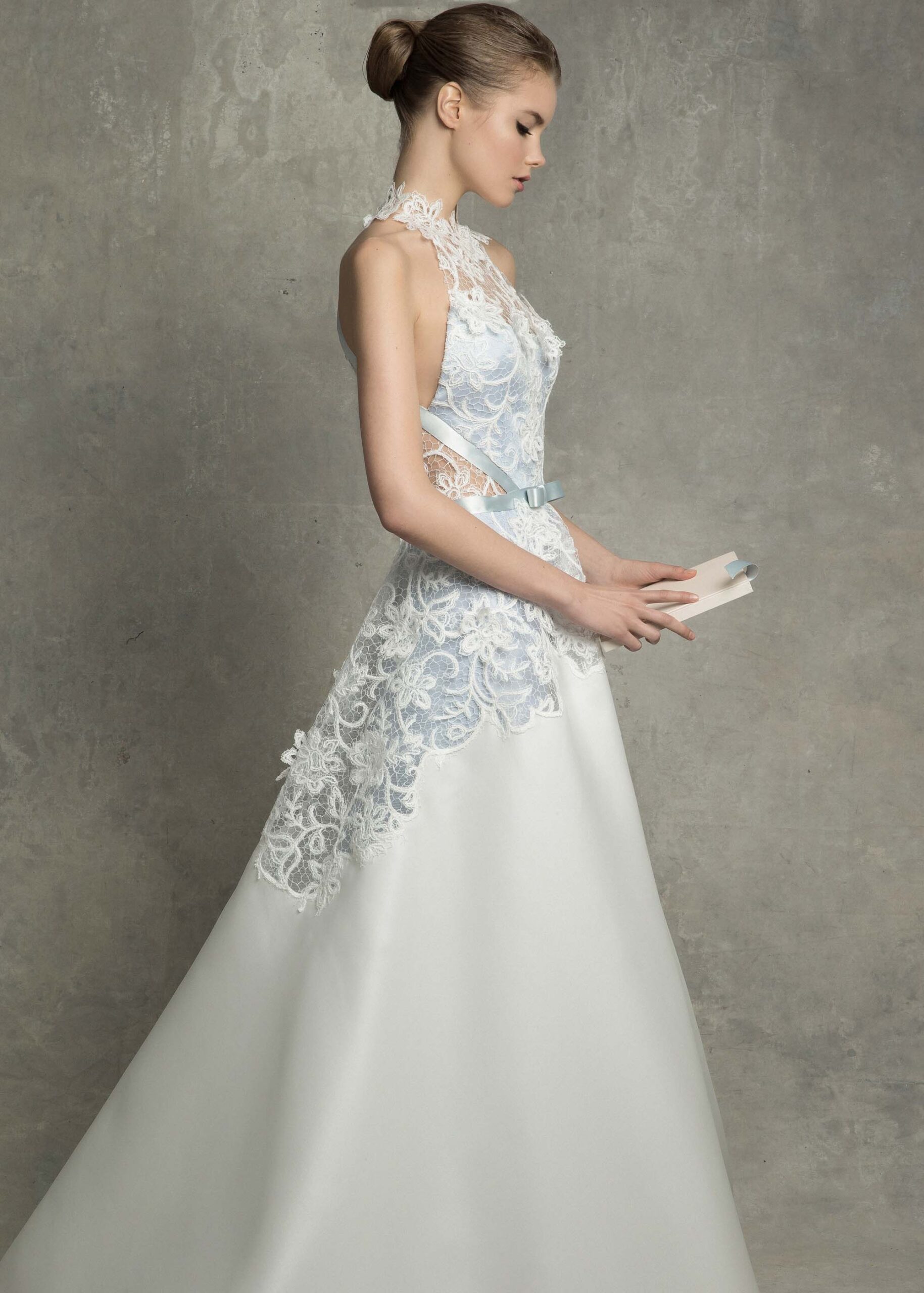 white and blue embroidered gown