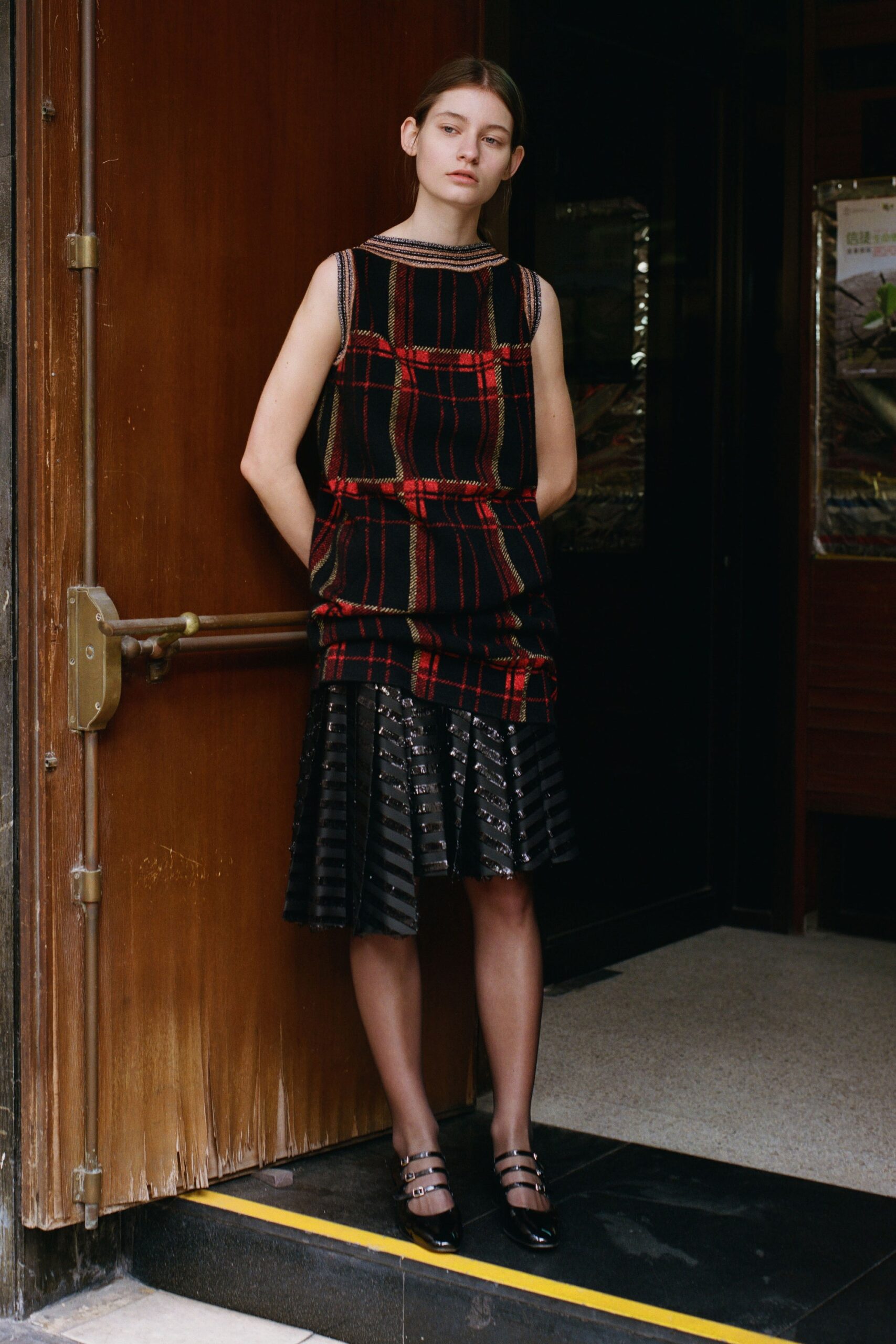 black and red pleated midi dress