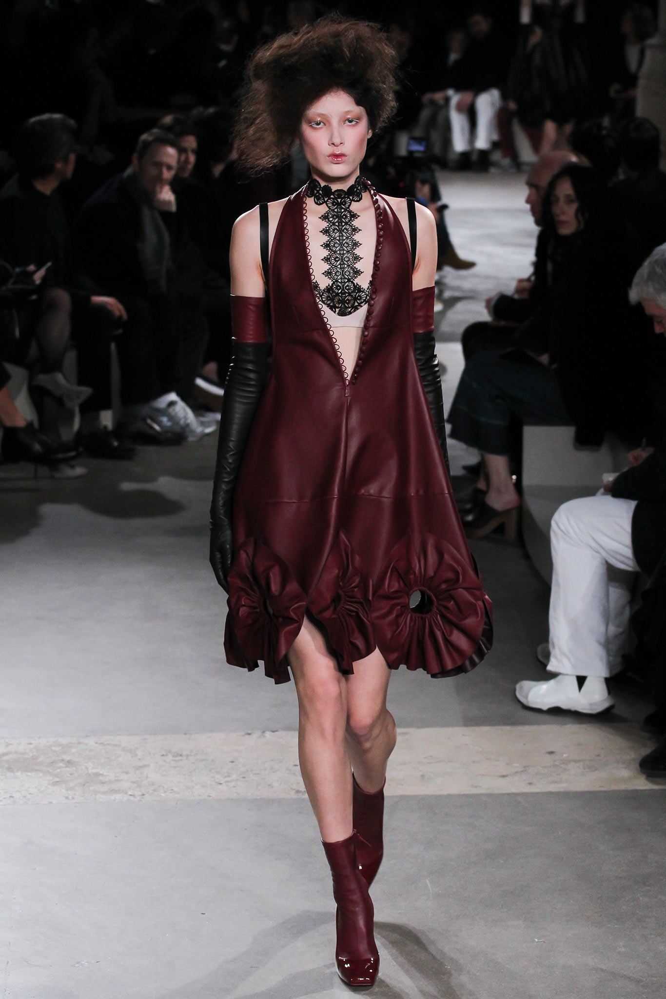 maroon leather sleeveless v-neck fitted pleated mini dress