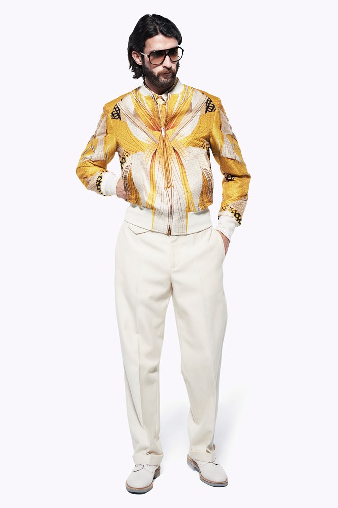 yellow silk long-sleeve collared fitted embroidered zippered jacket
