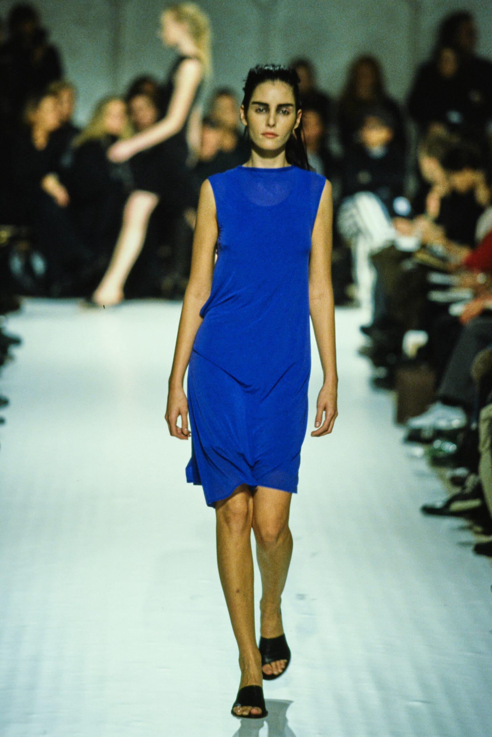 blue fitted sleeveless dress