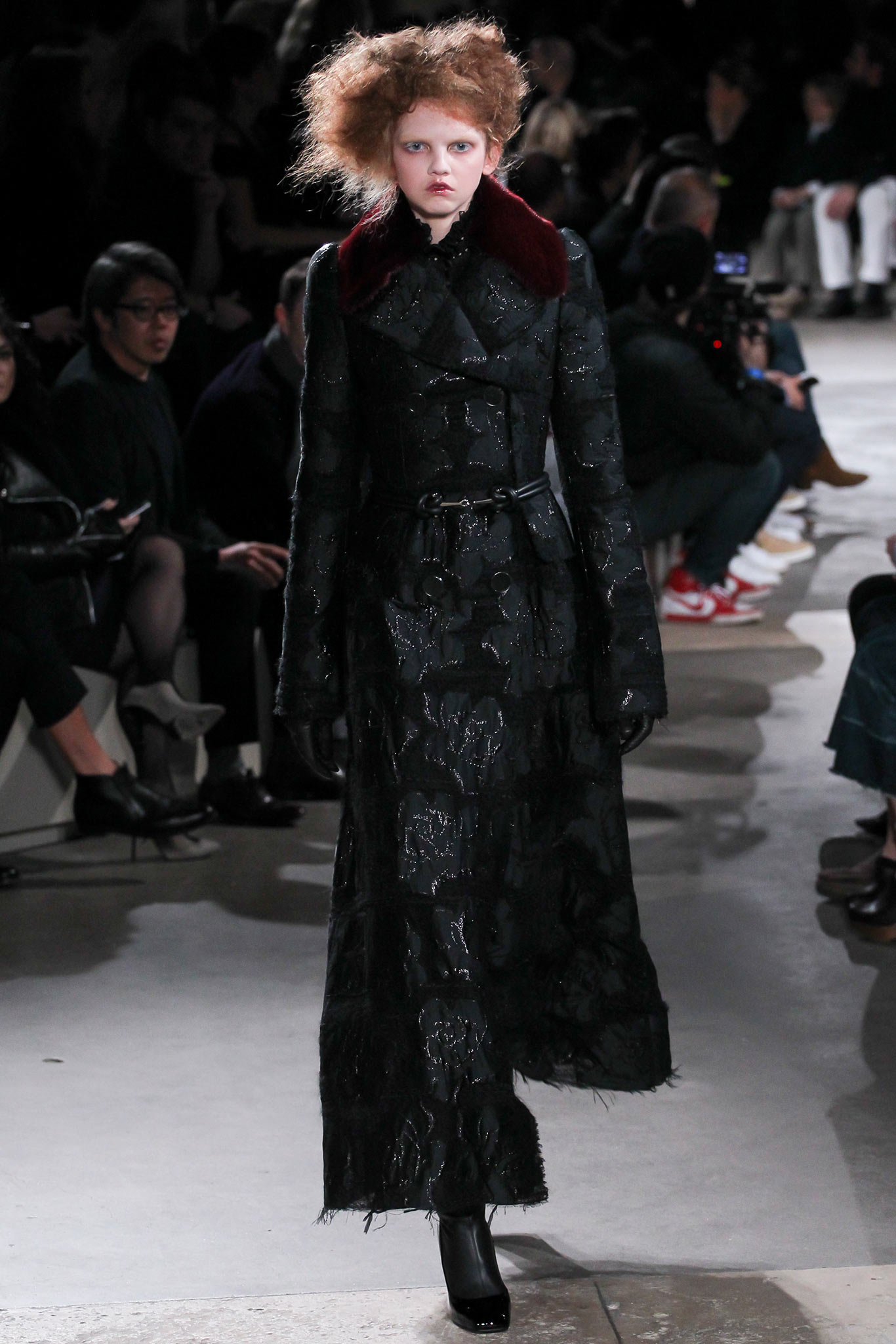 black embroidered belted coat