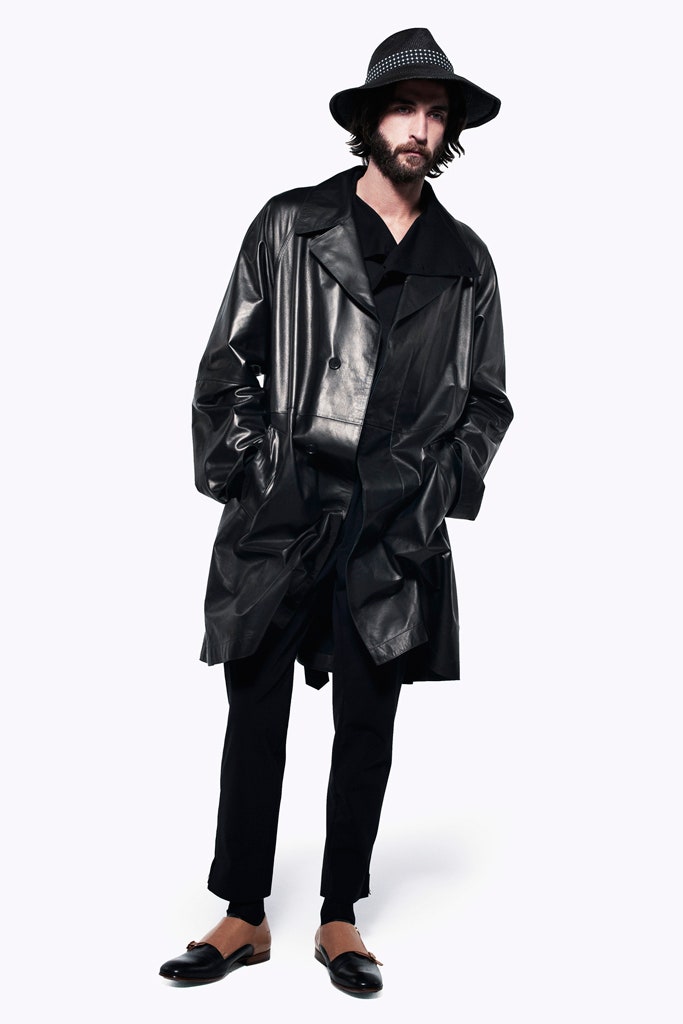 black vinyl long-sleeve collared relaxed draped coat