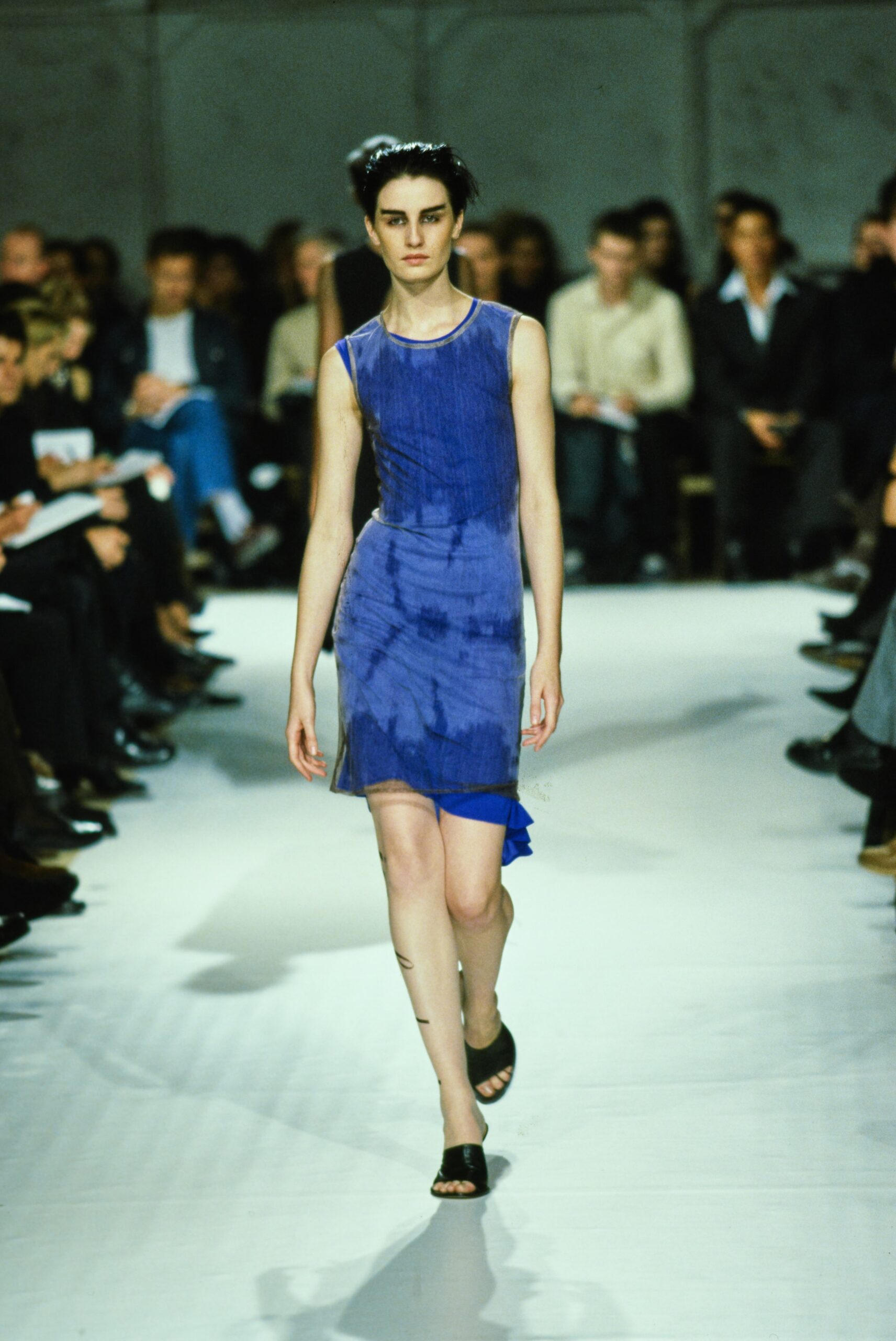 blue silk sleeveless dress