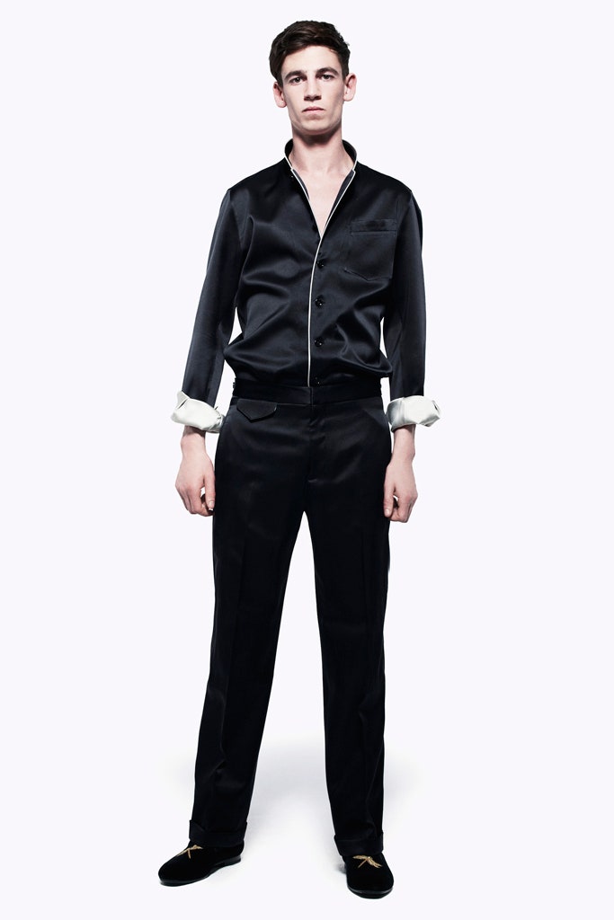 black silk fitted shirt and pants