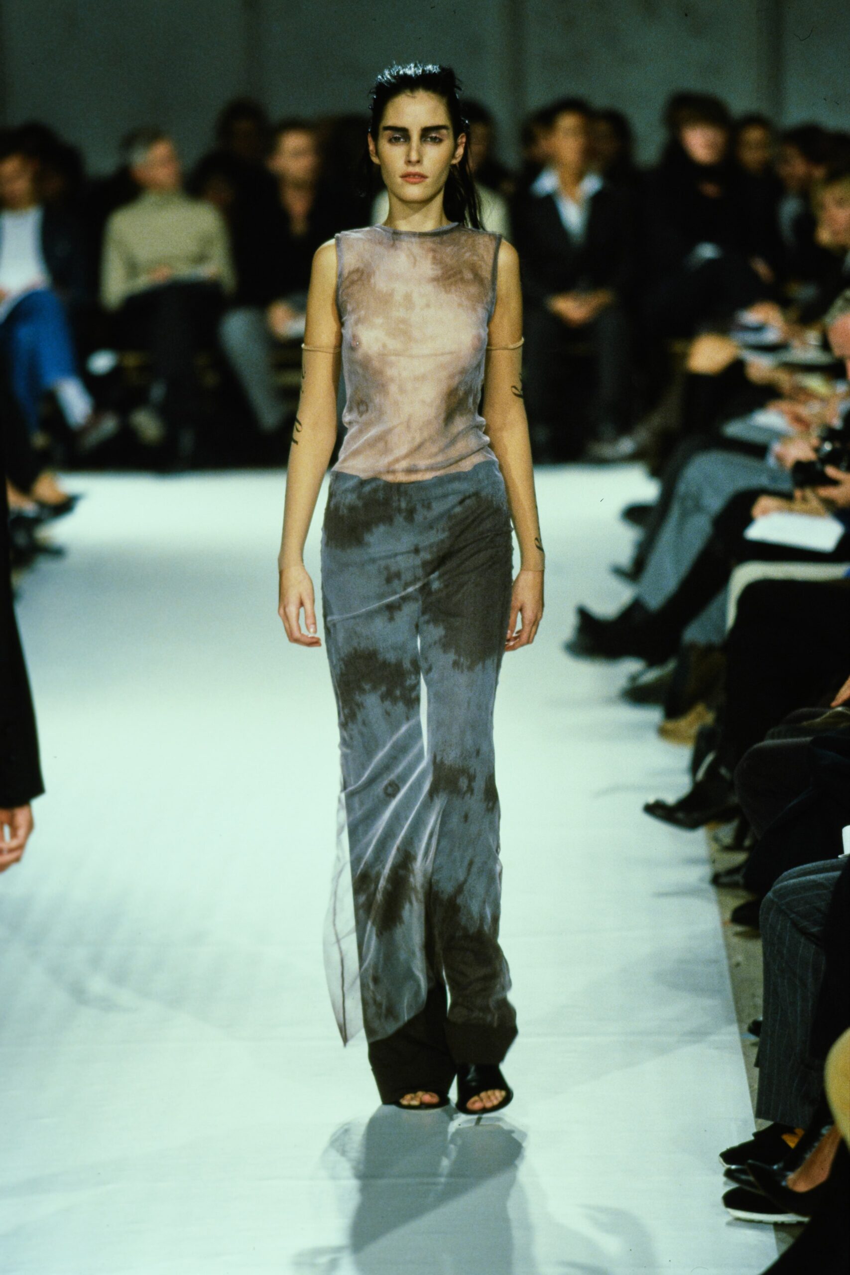 gray silk long-sleeve fitted flared flowing pants
